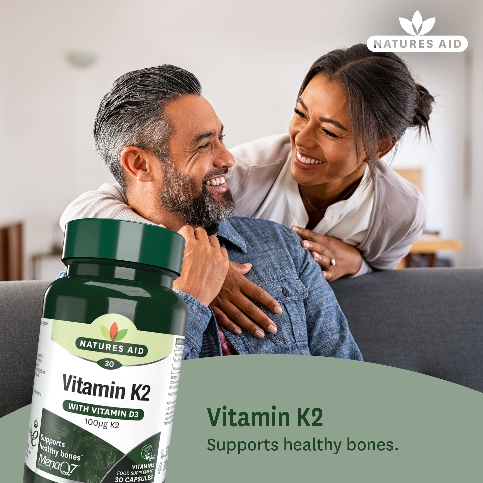 Natures Aid Vitamin K2 100mcg with D3 - MenaQ7 Bone Health, Calcium Absorption, Muscle Function - 30 Vegan Capsules - BBE 06/2027