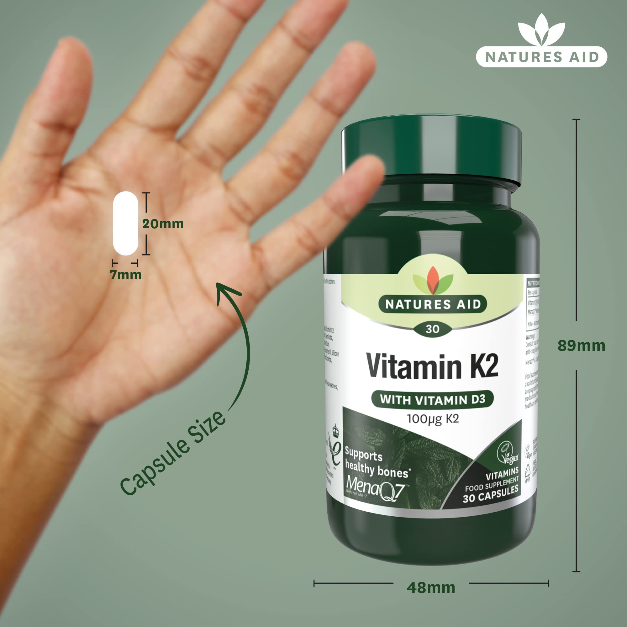 Natures Aid Vitamin K2 100mcg with D3 - MenaQ7 Bone Health, Calcium Absorption, Muscle Function - 30 Vegan Capsules - BBE 06/2027
