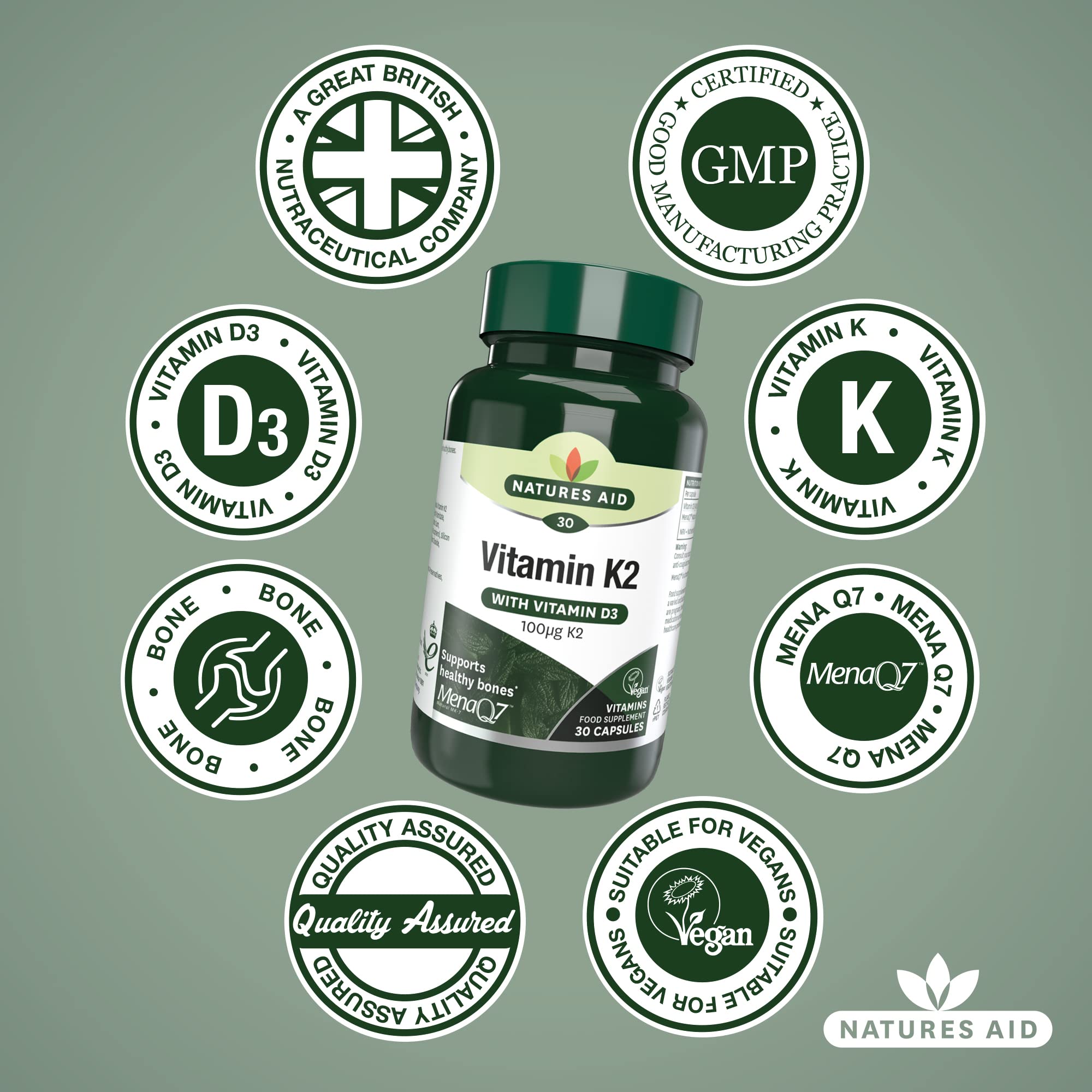 Natures Aid Vitamin K2 100mcg with D3 - MenaQ7 Bone Health, Calcium Absorption, Muscle Function - 30 Vegan Capsules - BBE 06/2027