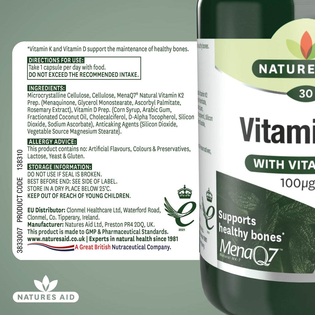 Natures Aid Vitamin K2 100mcg with D3 - MenaQ7 Bone Health, Calcium Absorption, Muscle Function - 30 Vegan Capsules - BBE 06/2027