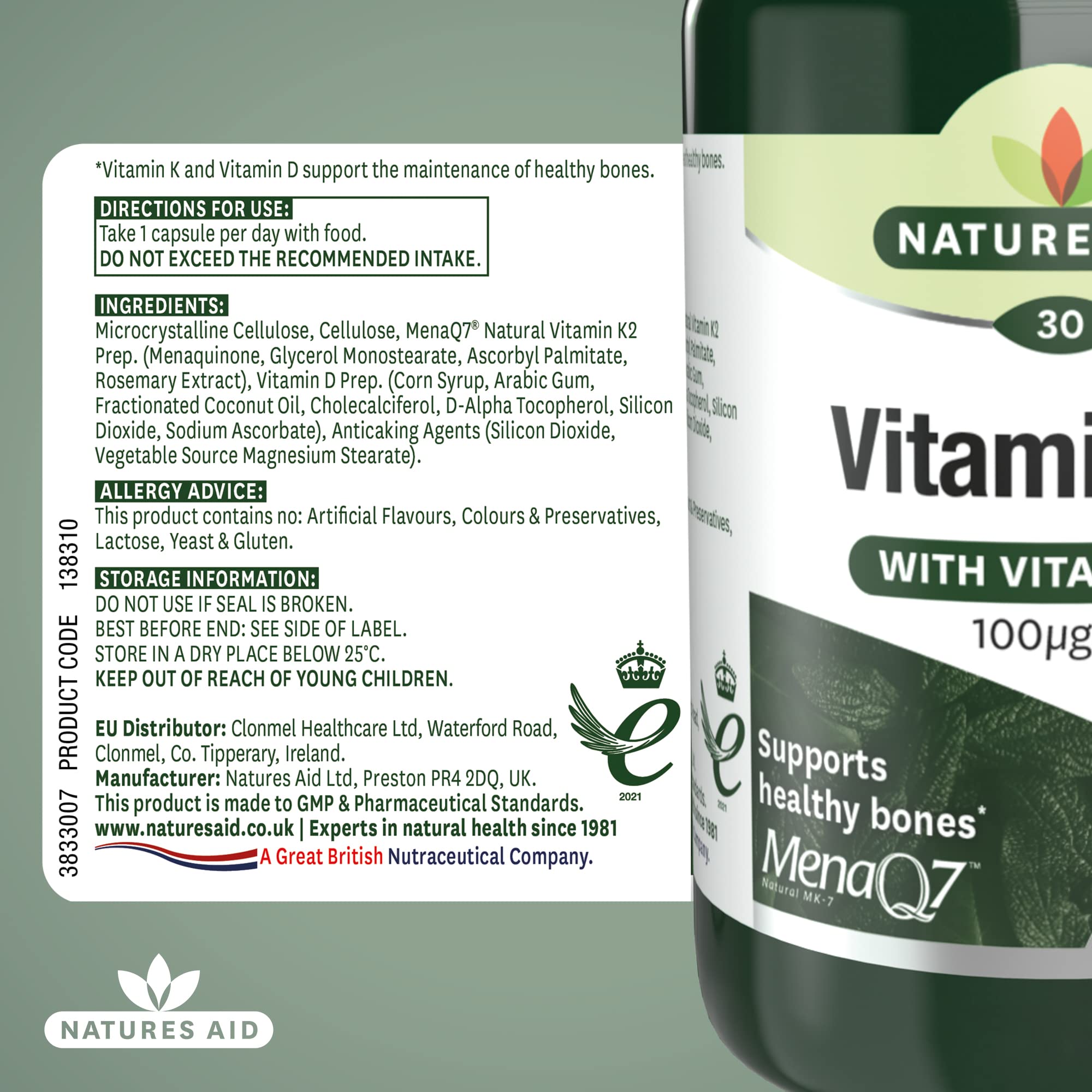 Natures Aid Vitamin K2 100mcg with D3 - MenaQ7 Bone Health, Calcium Absorption, Muscle Function - 30 Vegan Capsules - BBE 06/2027