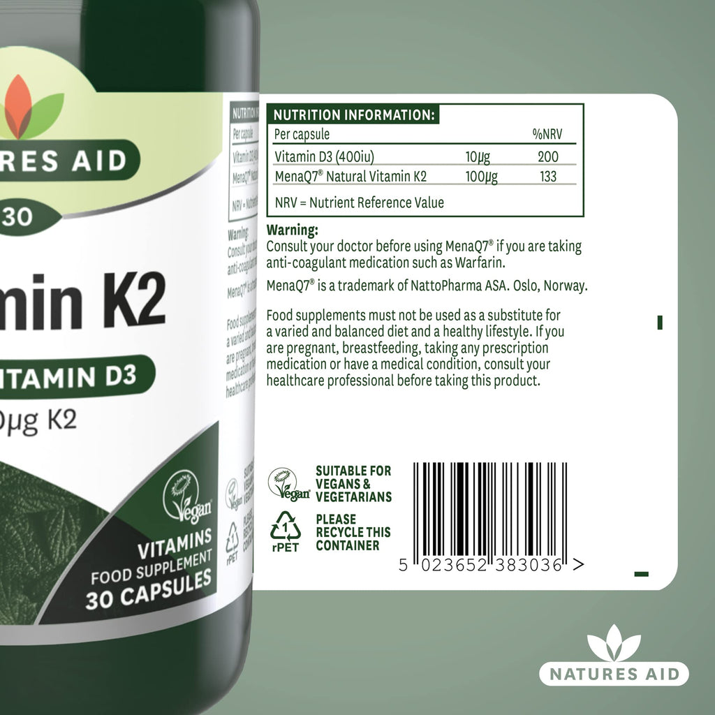 Natures Aid Vitamin K2 100mcg with D3 - MenaQ7 Bone Health, Calcium Absorption, Muscle Function - 30 Vegan Capsules - BBE 06/2027