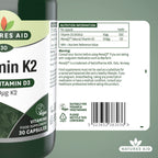 Natures Aid Vitamin K2 100mcg with D3 - MenaQ7 Bone Health, Calcium Absorption, Muscle Function - 30 Vegan Capsules - BBE 06/2027