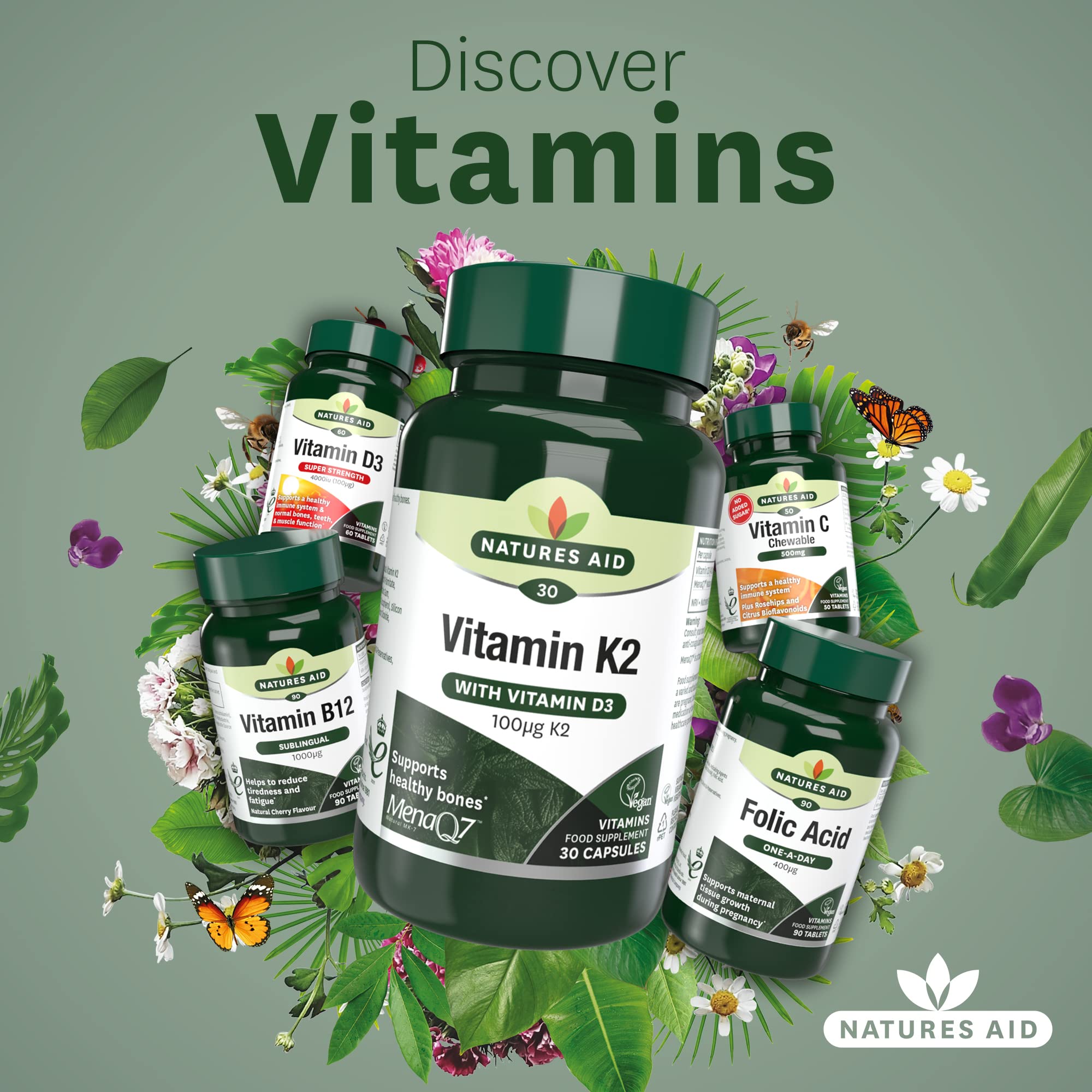 Natures Aid Vitamin K2 100mcg with D3 - MenaQ7 Bone Health, Calcium Absorption, Muscle Function - 30 Vegan Capsules - BBE 06/2027