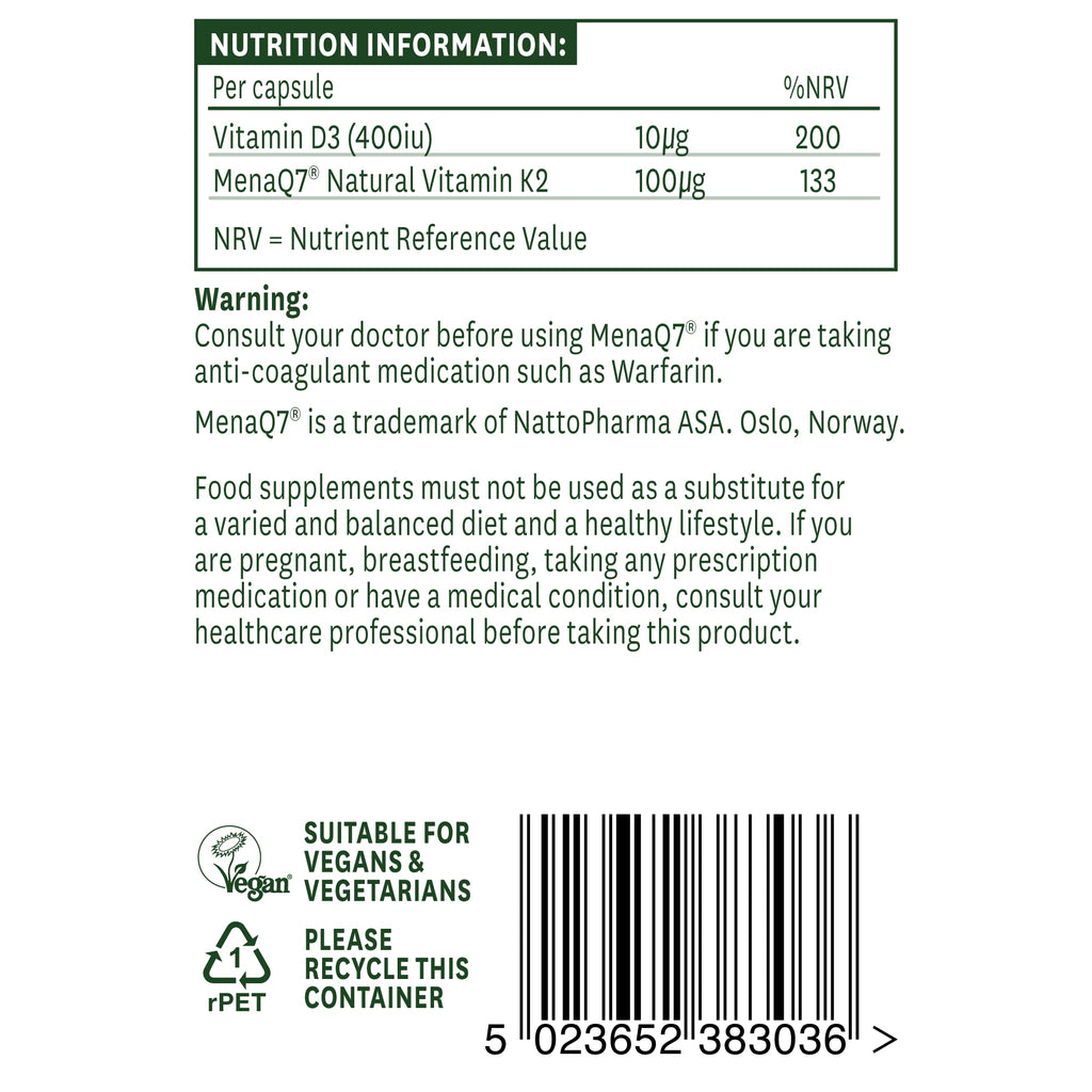 Natures Aid Vitamin K2 100mcg with D3 - MenaQ7 Bone Health, Calcium Absorption, Muscle Function - 30 Vegan Capsules - BBE 06/2027