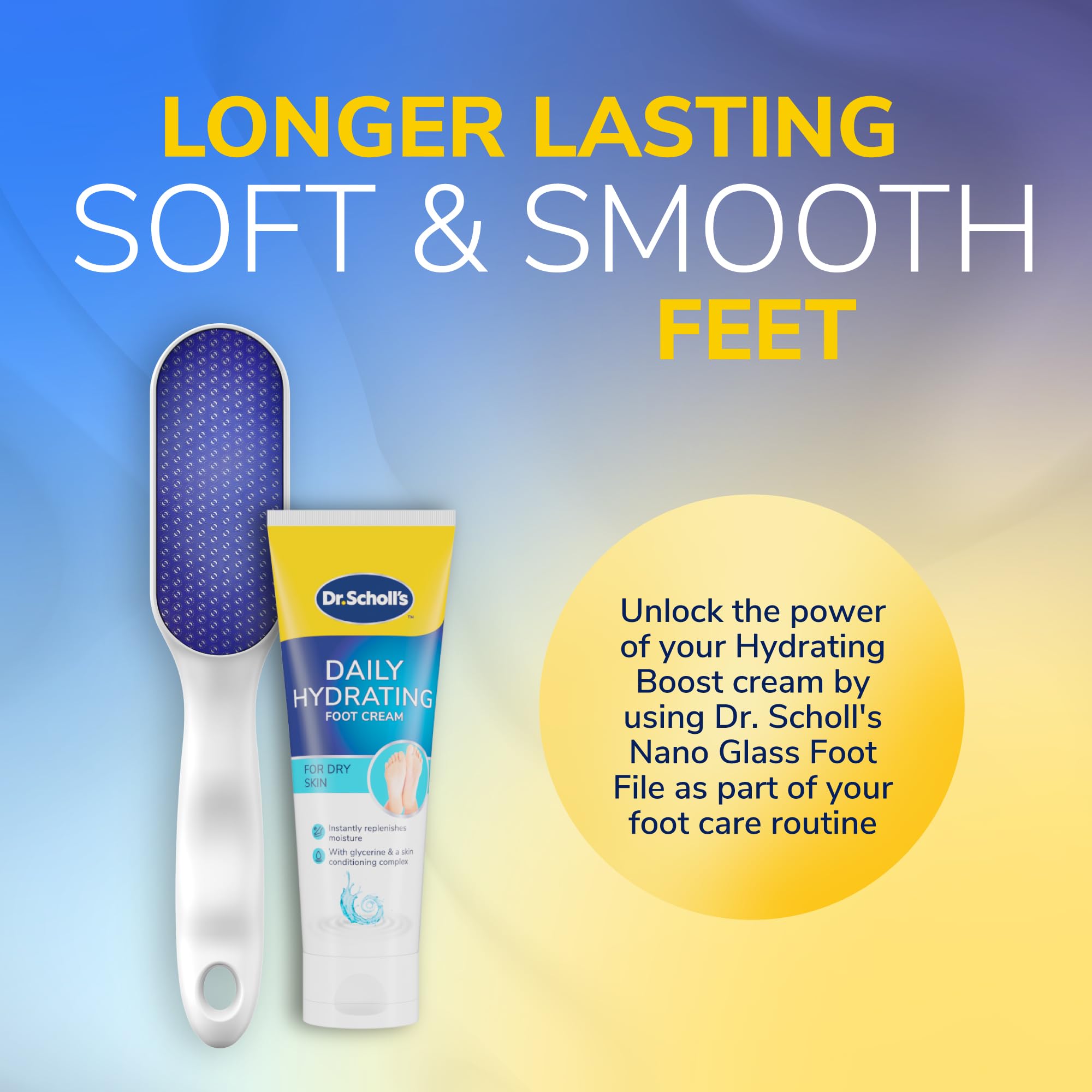 Dr. Scholl's Nano Glass Foot File - Immediately Removes Hard Skin on Wet or Dry Feet, Waterproof & Rustproof, Gentle Dead Skin and Callus Remover, Pedicure Foot Scrubber for Shower, Soft-Grip Handle - Damaged Box