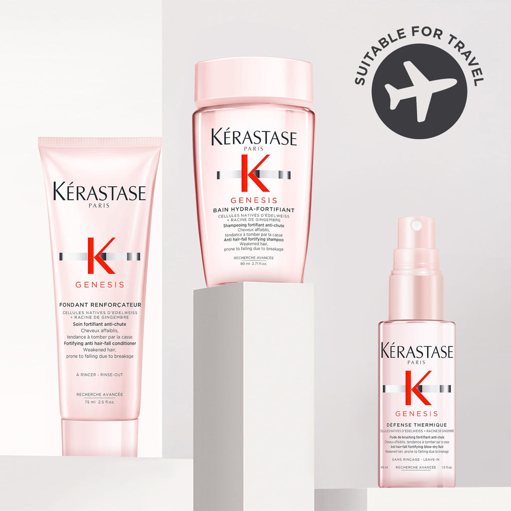 K'erastase Genesis Travel-Size Discovery Gift Set, With Shampoo, Conditioner and Blow-Dry Spray, Nourishing and Fortifying Routine, For Weakened Hair, Infused with Ginger Root and Edelweiss Flower - Damaged Box