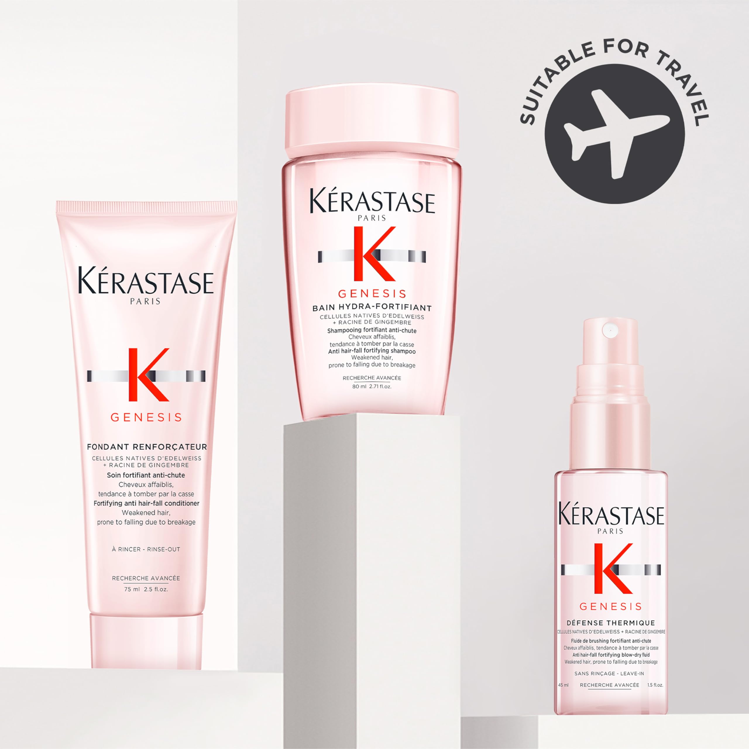 K'erastase Genesis Travel-Size Discovery Gift Set, With Shampoo, Conditioner and Blow-Dry Spray, Nourishing and Fortifying Routine, For Weakened Hair, Infused with Ginger Root and Edelweiss Flower - Damaged Box
