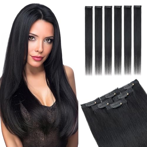 Elailite Clip In Real Human Hair Extensions Remy Double Weft Seamless Highlights Straight #01 Jet Black 14 Inch - Damaged Box