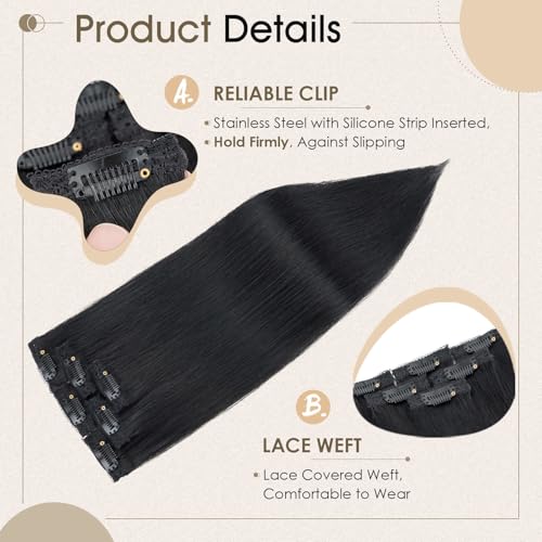 Elailite Clip In Real Human Hair Extensions Remy Double Weft Seamless Highlights Straight #01 Jet Black 14 Inch - Damaged Box