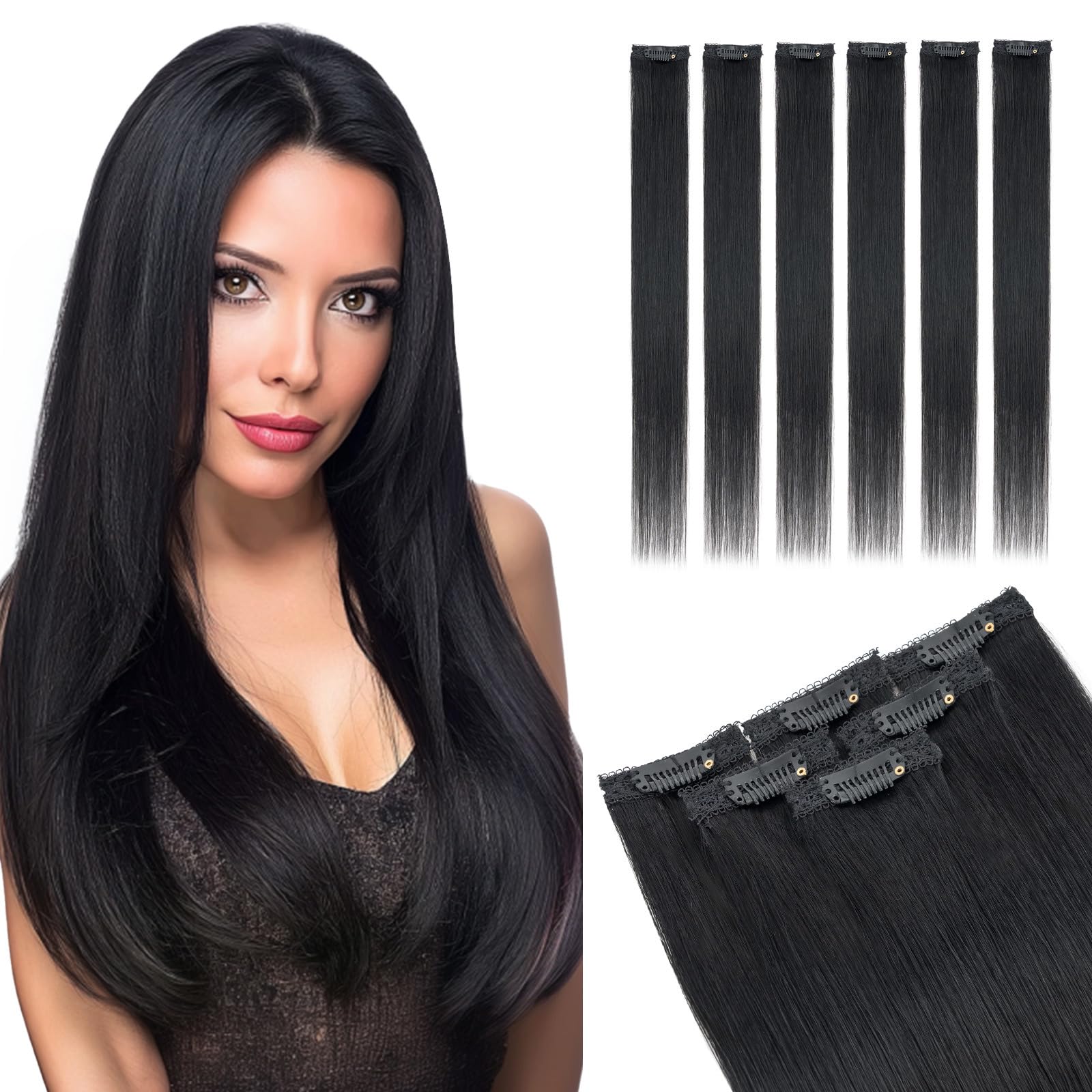 Elailite Clip In Real Human Hair Extensions Remy Double Weft Seamless Highlights Straight #01 Jet Black 14 Inch - Damaged Box