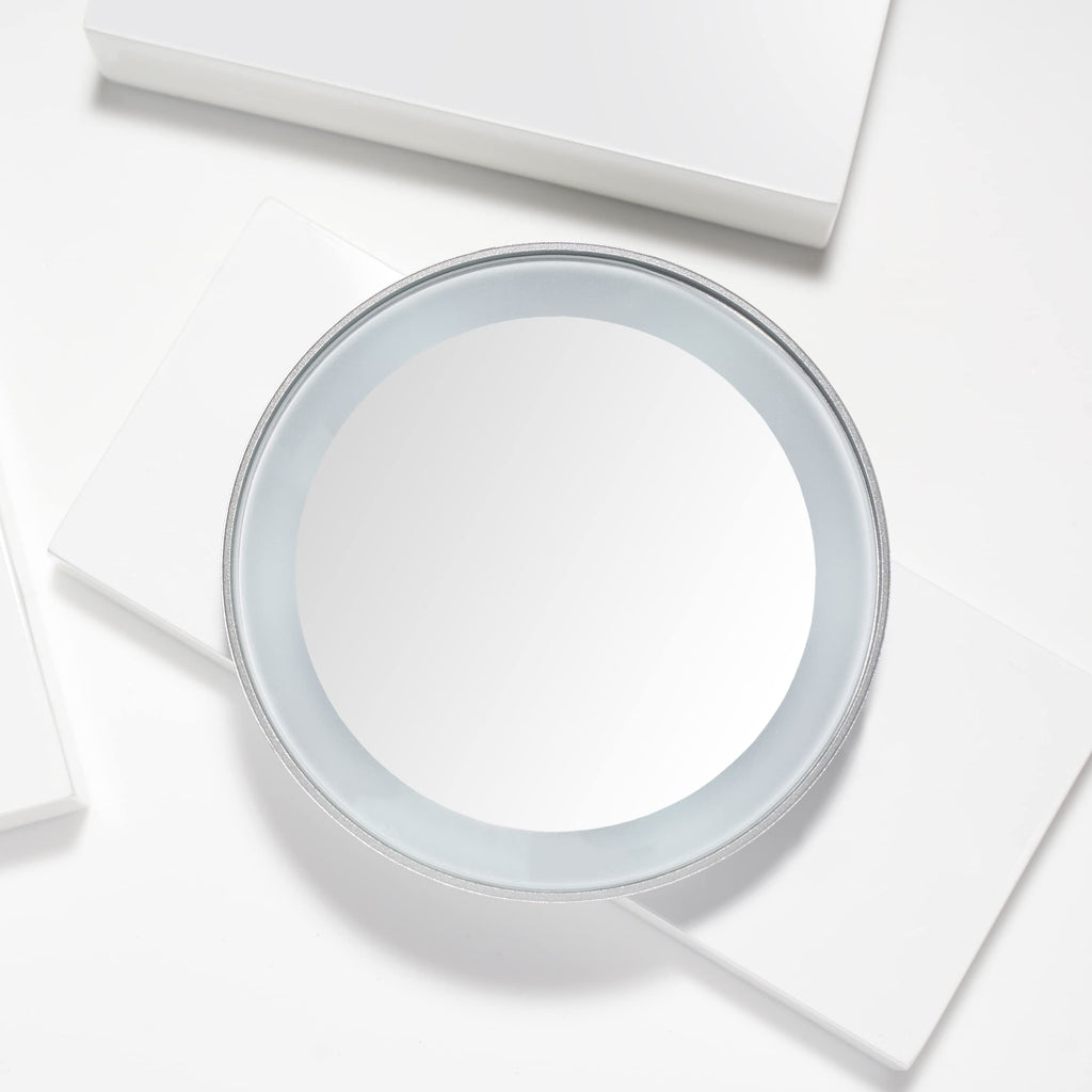 Tweezerman 15x Magnifying LED Mini Mirror, Round Mirror Perfect for Tweezing, Contact Lens and Makeup Application Compact Travel Mirrors with Suction Cups (Pack of 1) - Damaged Box