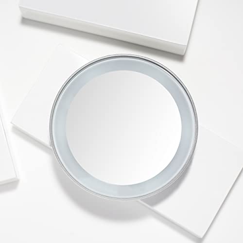 Tweezerman 15x Magnifying LED Mini Mirror, Round Mirror Perfect for Tweezing, Contact Lens and Makeup Application Compact Travel Mirrors with Suction Cups (Pack of 1) - Damaged Box