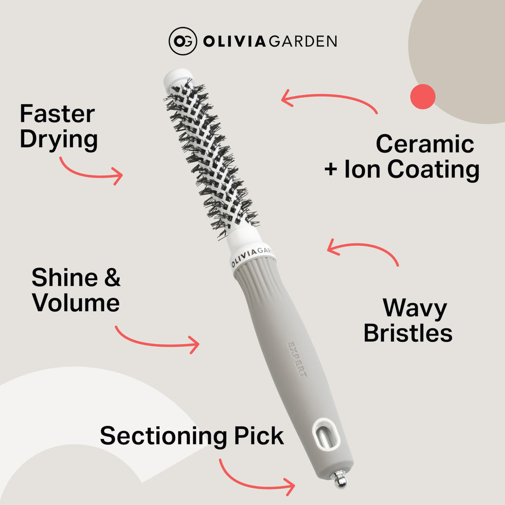 Olivia Garden Expert Blowout Shine - White & Grey - 15 - Ceramic Coated Round Brush for Smooth Blowout, Frizz-Free Hair & Radiant Shine - Damaged Box