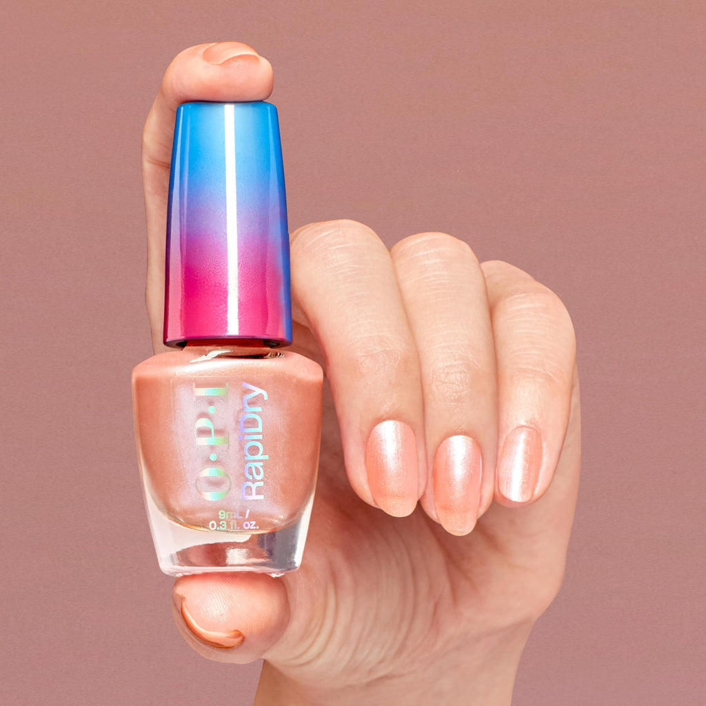 OPI RapiDryTM Quick-Dry Lacquer - Stun n' Done Peach Shimmer Nail Polish - Vegan, Fast Drying & Smudge-proof in 60 Seconds (9ml)