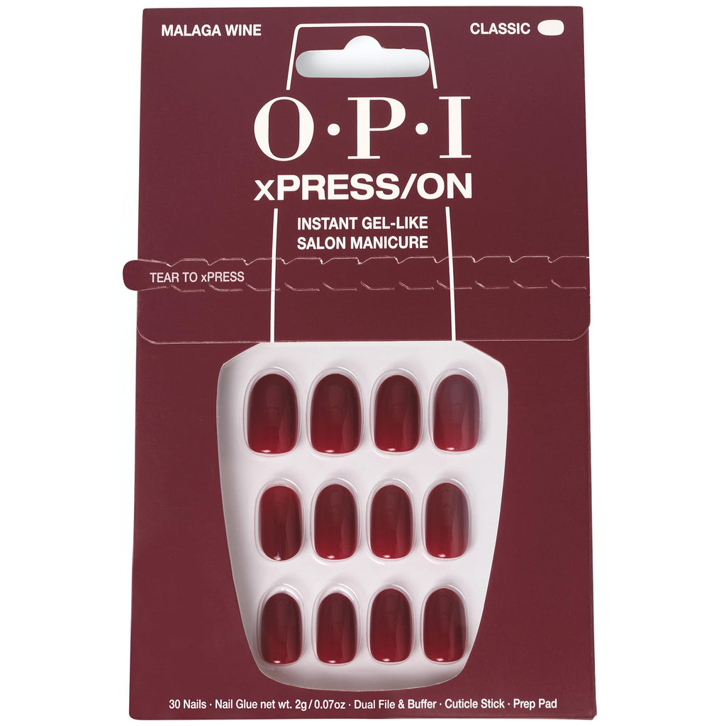 OPI xPRESS/ON Malaga Wine - Dark Red Short Round Press On Nails - With Nail Glue - Long Lasting, Reusable & Non-Damaging Short False Nails - Damaged Box