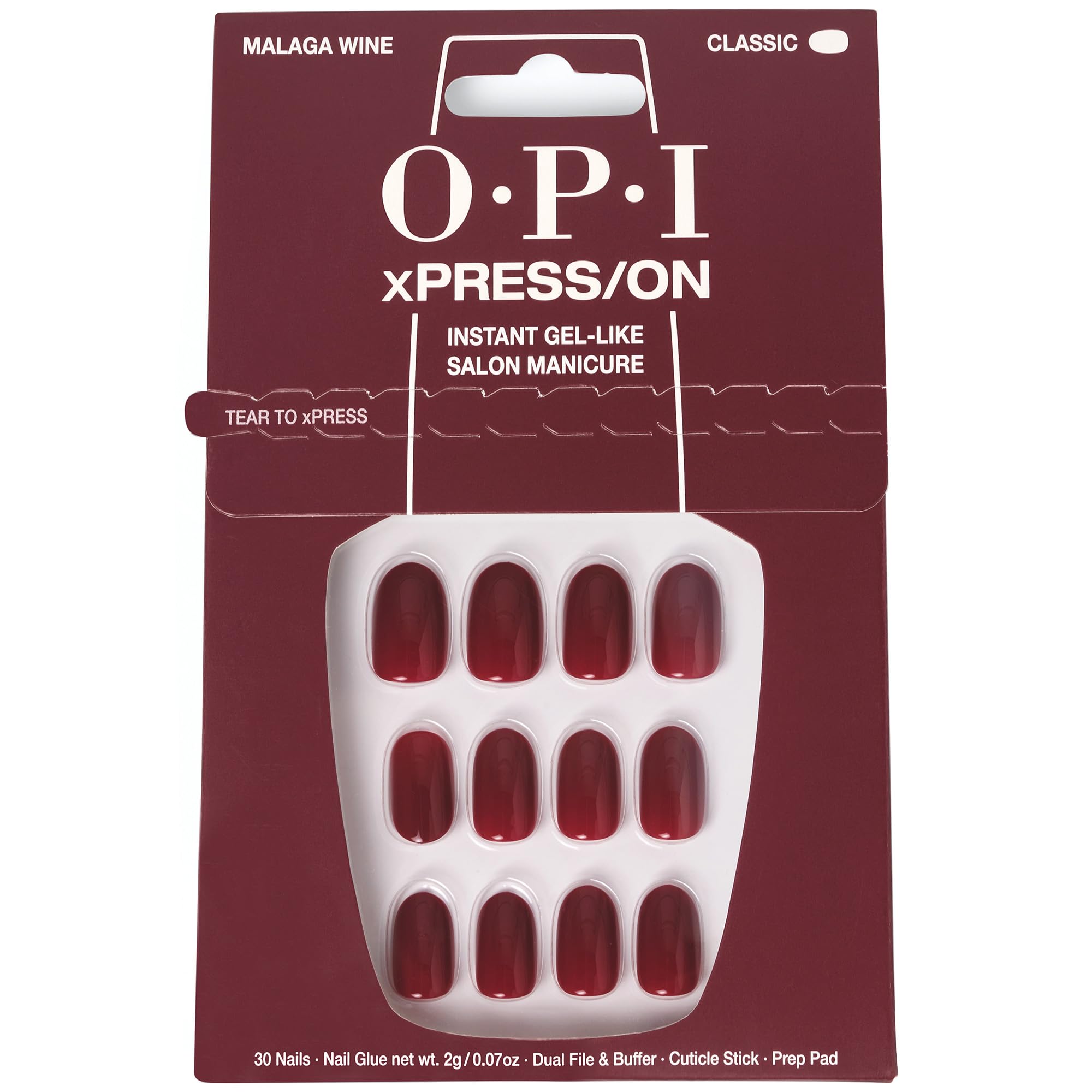 OPI xPRESS/ON Malaga Wine - Dark Red Short Round Press On Nails - With Nail Glue - Long Lasting, Reusable & Non-Damaging Short False Nails - Damaged Box
