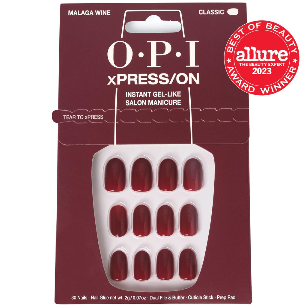 OPI xPRESS/ON Malaga Wine - Dark Red Short Round Press On Nails - With Nail Glue - Long Lasting, Reusable & Non-Damaging Short False Nails - Damaged Box