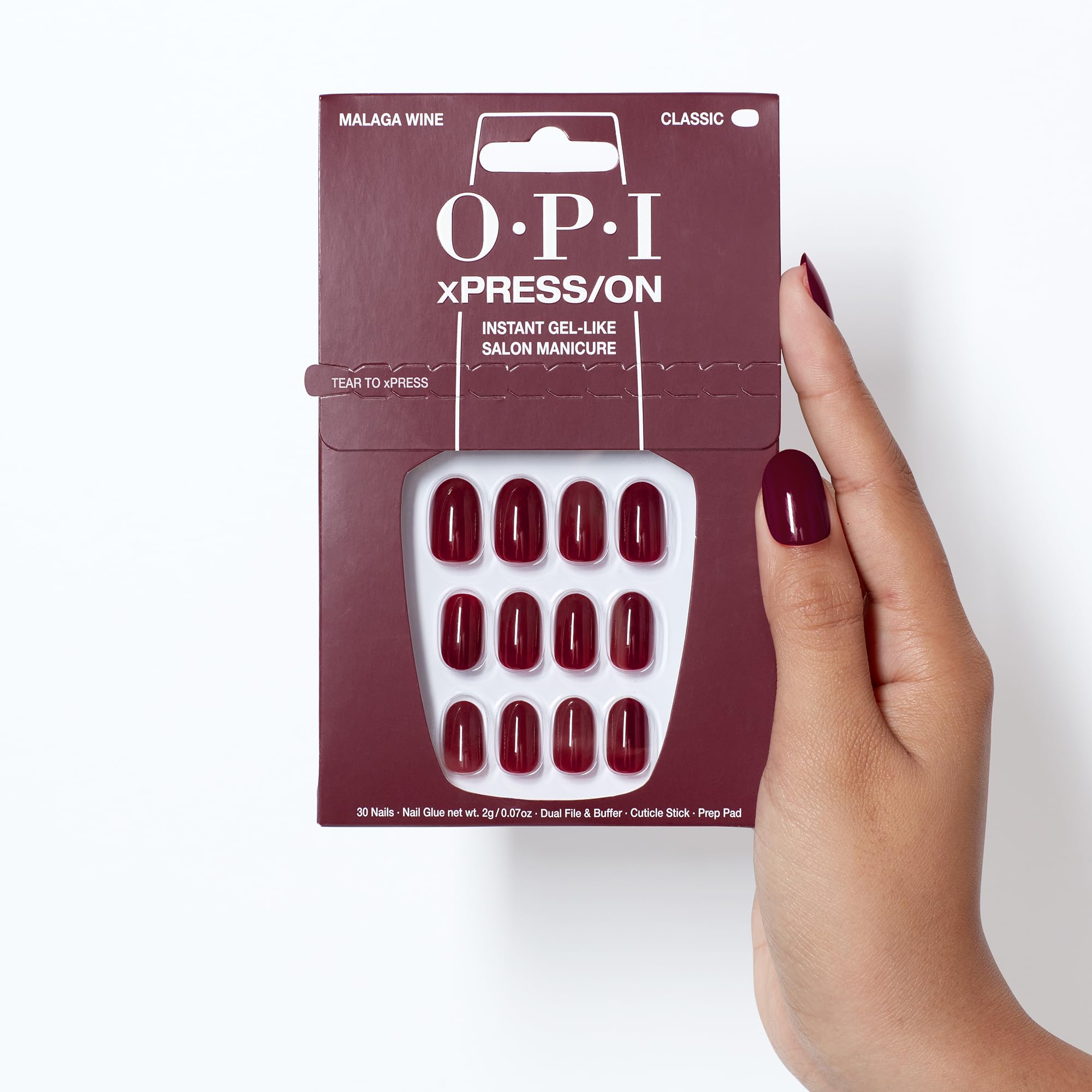 OPI xPRESS/ON Malaga Wine - Dark Red Short Round Press On Nails - With Nail Glue - Long Lasting, Reusable & Non-Damaging Short False Nails - Damaged Box