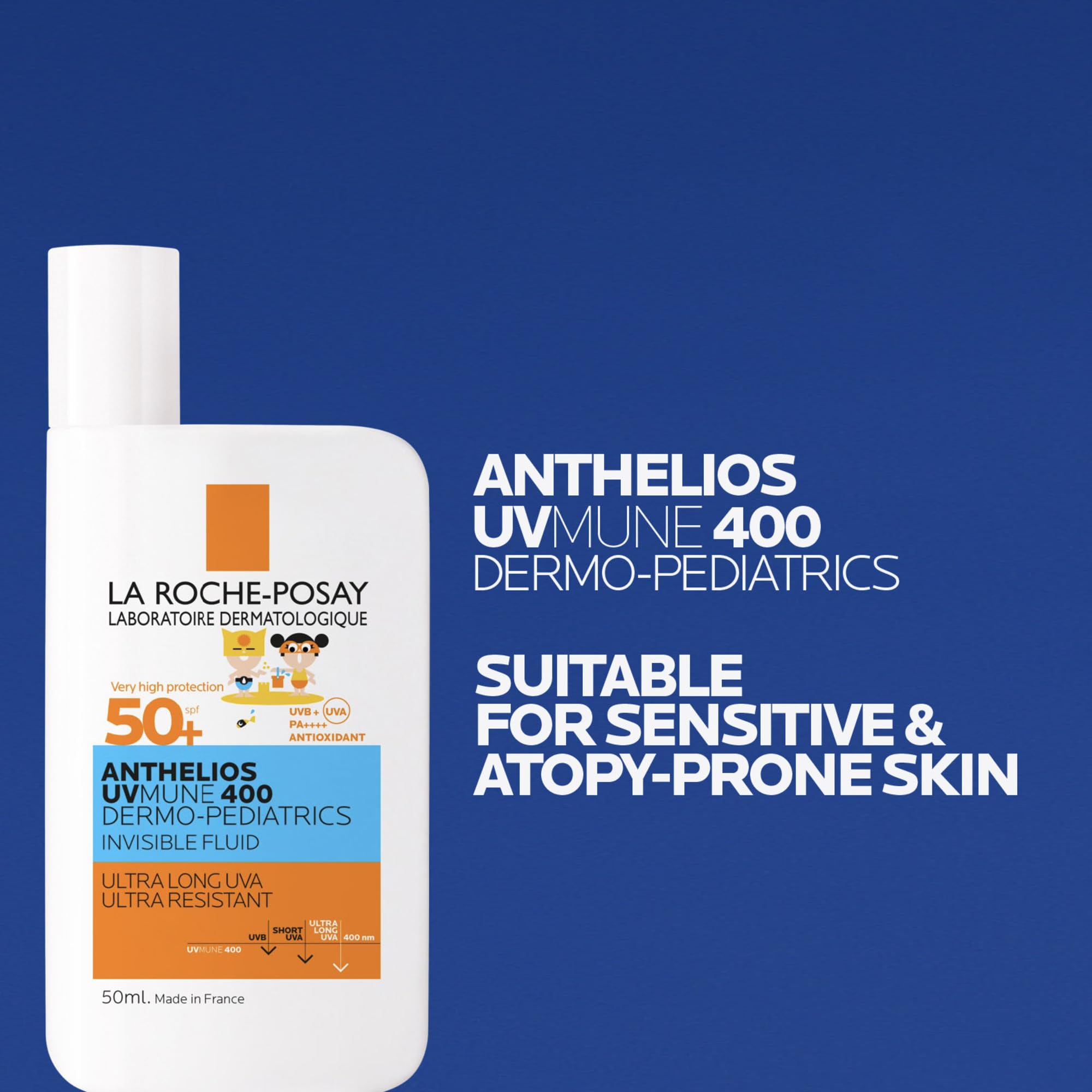 La Roche-Posay Anthelios UVMUNE 400 Dermo-Pediatrics Invisible Fluid SPF50+ Sunscreen for Children's Sensitive and Atopy-Prone Skin With Mexoryl 400 and Shea Butter, Ultra Light, 50ml - Damaged Box