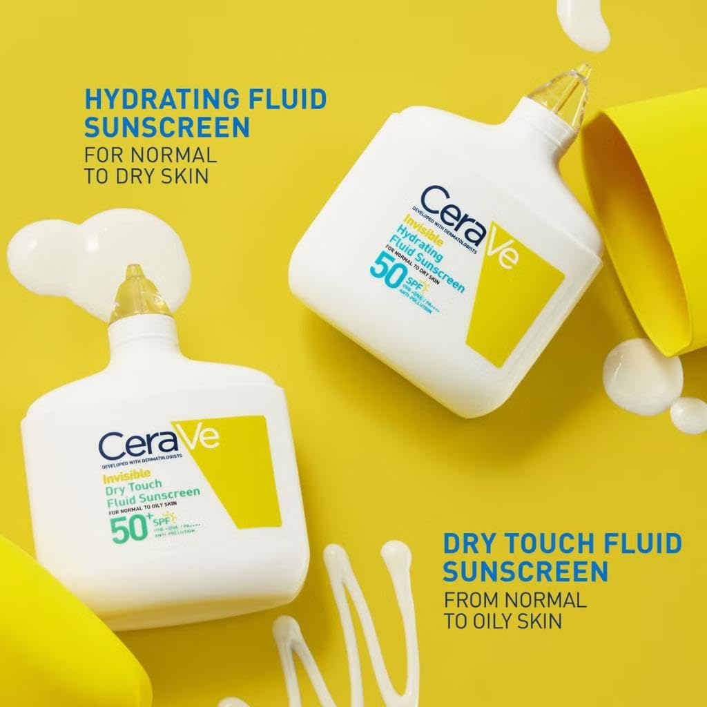 CeraVe Invisible Hydrating Fluid Sunscreen SPF 50, Broad Spectrum UVB UVA Protection, With 3 Essential Ceramides, MVE Technology, Normal to Dry Skin, Dermatologist Developed, 50ml - Damaged Box