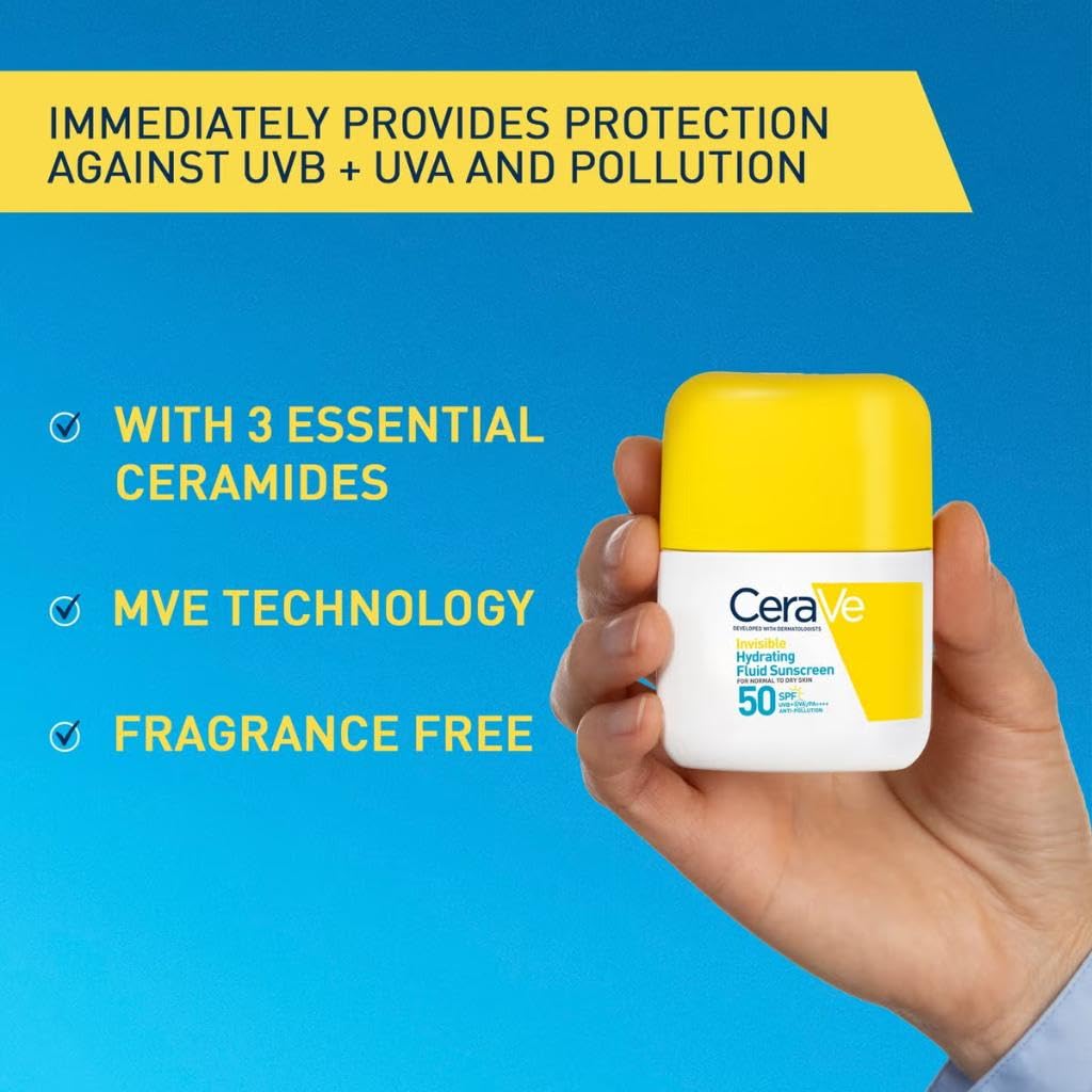 CeraVe Invisible Hydrating Fluid Sunscreen SPF 50, Broad Spectrum UVB UVA Protection, With 3 Essential Ceramides, MVE Technology, Normal to Dry Skin, Dermatologist Developed, 50ml - Damaged Box
