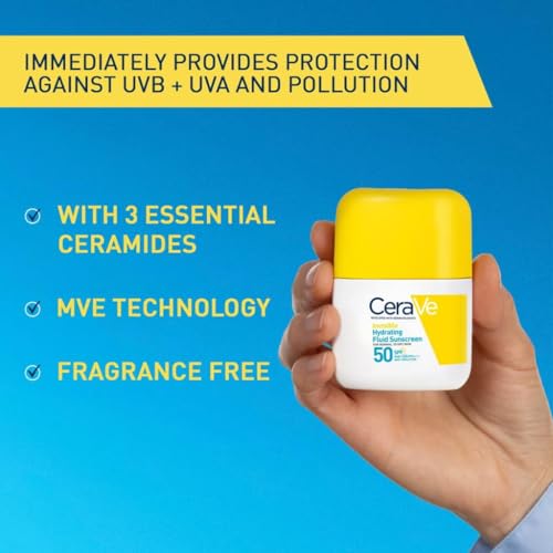 CeraVe Invisible Hydrating Fluid Sunscreen SPF 50, Broad Spectrum UVB UVA Protection, With 3 Essential Ceramides, MVE Technology, Normal to Dry Skin, Dermatologist Developed, 50ml - Damaged Box