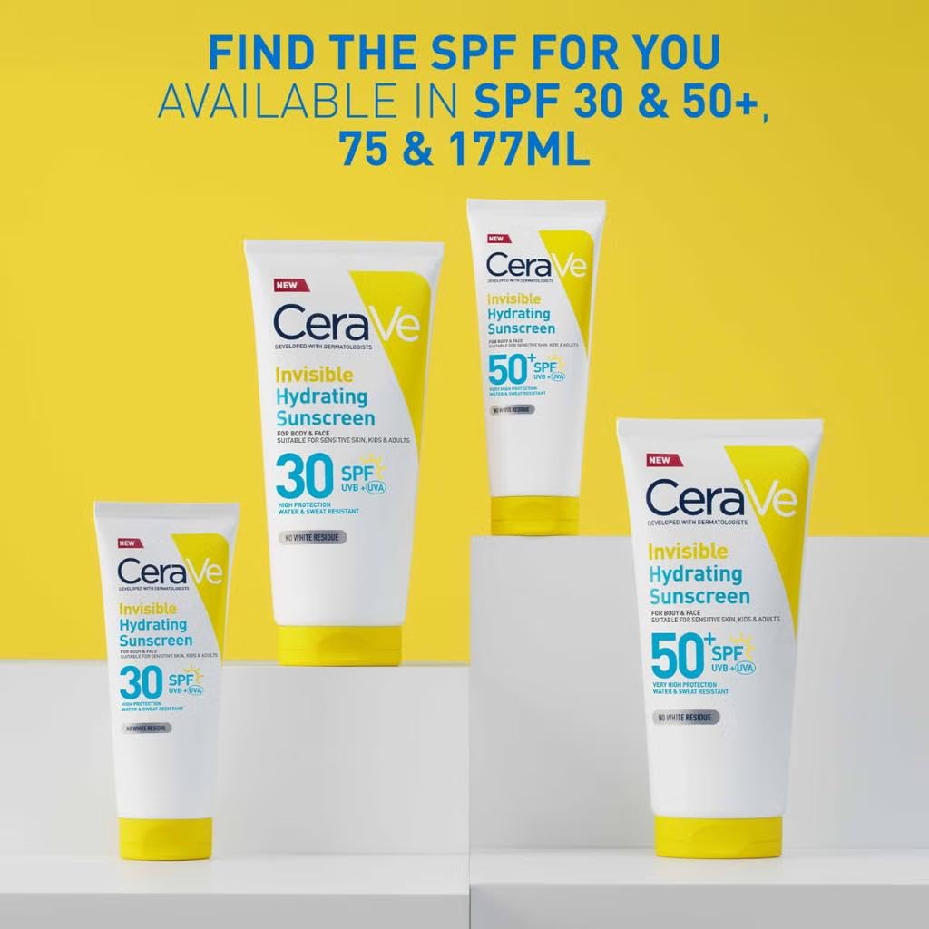 CeraVe Invisible Hydrating Sunscreen SPF 50+, Broad Spectrum UVB UVA Protection, With 3 Essential Ceramides, MVE Technology, Body and Face, For Sensitive Skin, Kids & Adults, Water Resistant, 75ml - Damaged Box
