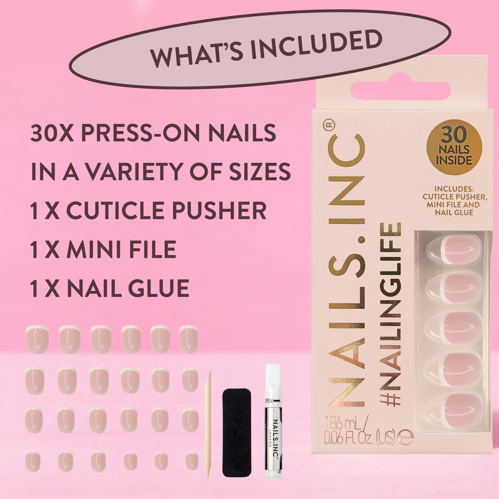 Nails.INC #NailingLife Classic Kim French Tip Square-Shaped Press-On Nail, 30 Nail Sizes, Long-Lasting, Non-Damaging, No Snap, Salon-Quality At Home Manicure, Glue Included, 33 Piece Set