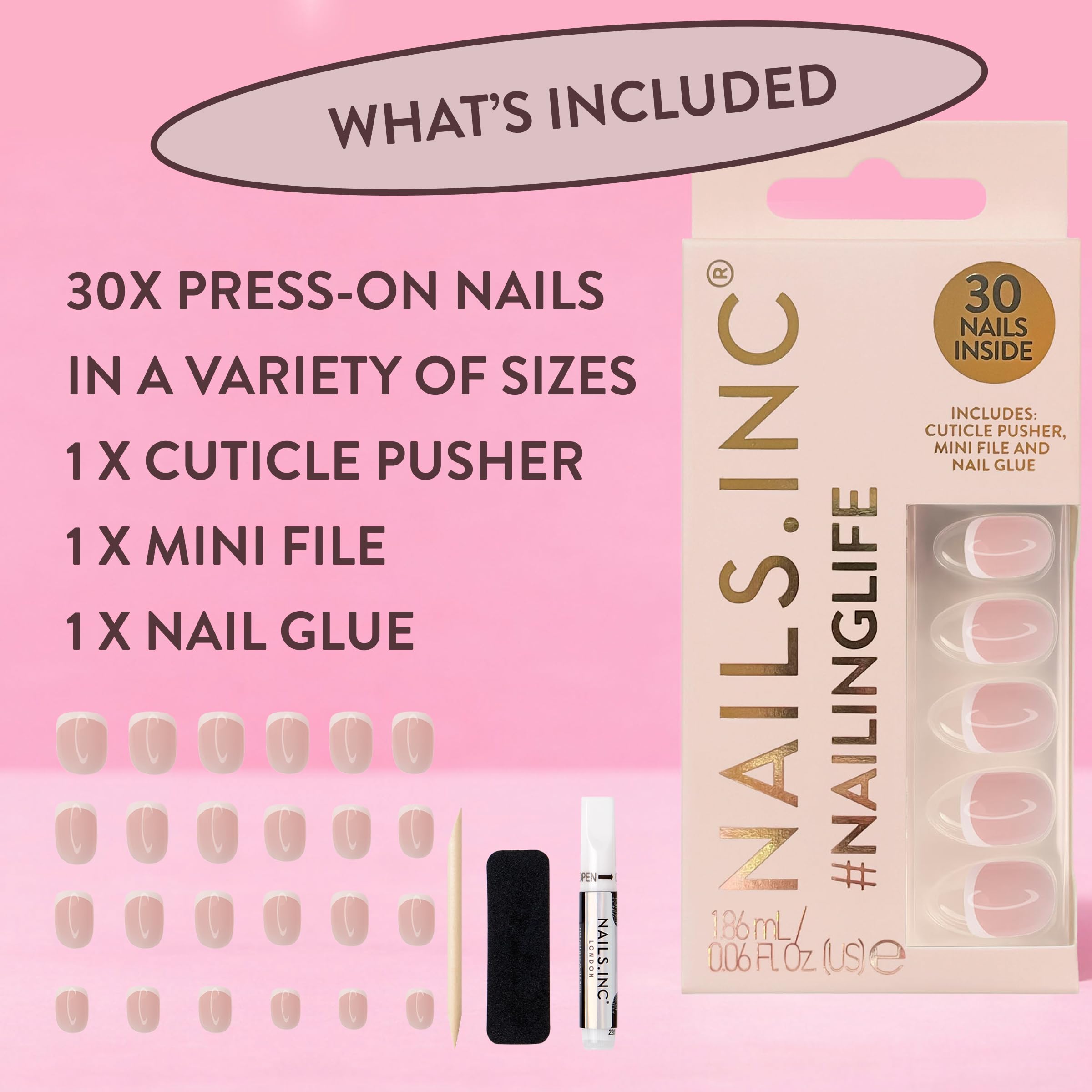 Nails.INC #NailingLife Classic Kim French Tip Square-Shaped Press-On Nail, 30 Nail Sizes, Long-Lasting, Non-Damaging, No Snap, Salon-Quality At Home Manicure, Glue Included, 33 Piece Set
