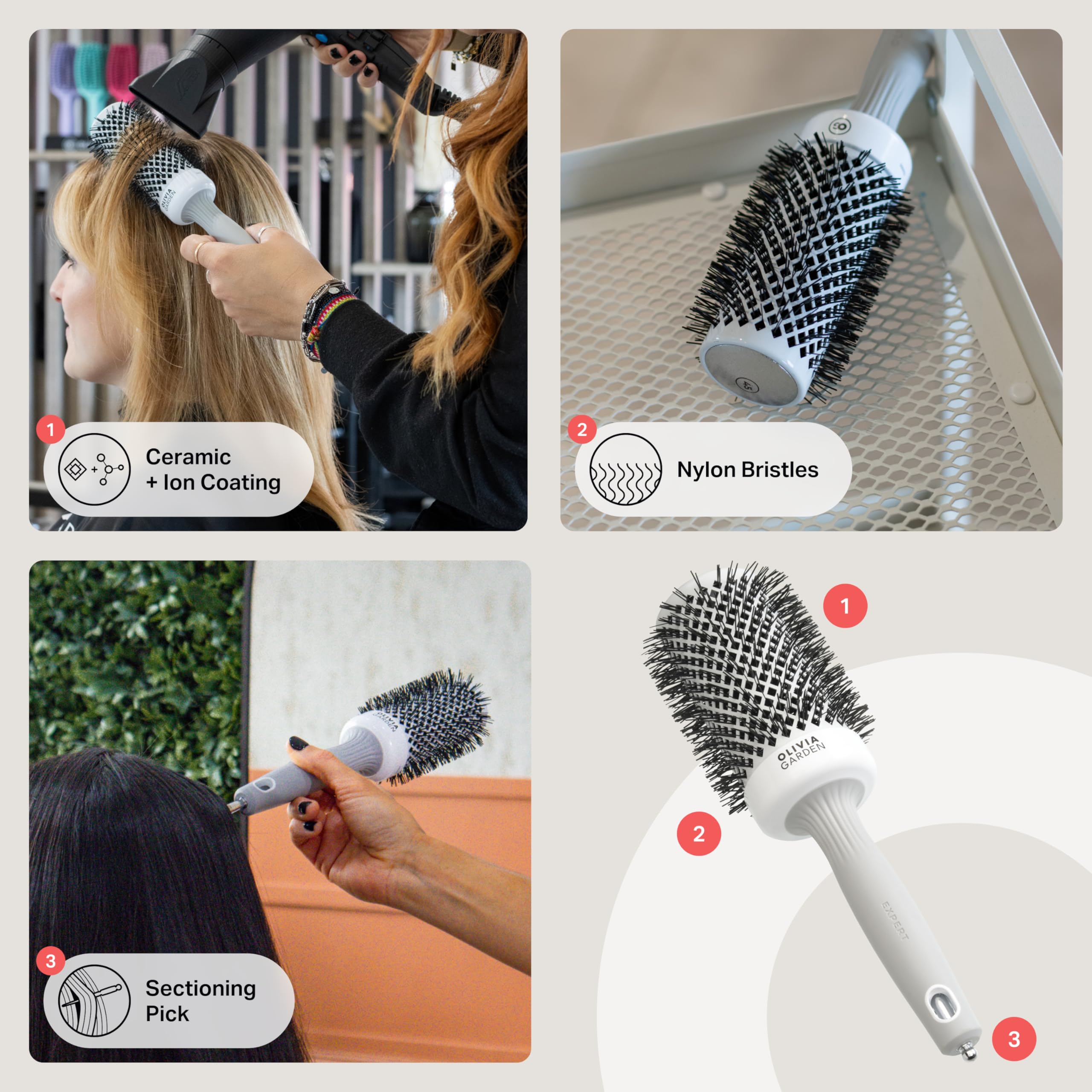 Olivia Garden Expert Blowout Shine - White & Grey - 55 - Ceramic Coated Round Brush for Smooth Blowout, Frizz-Free Hair & Radiant Shine - Very Good
