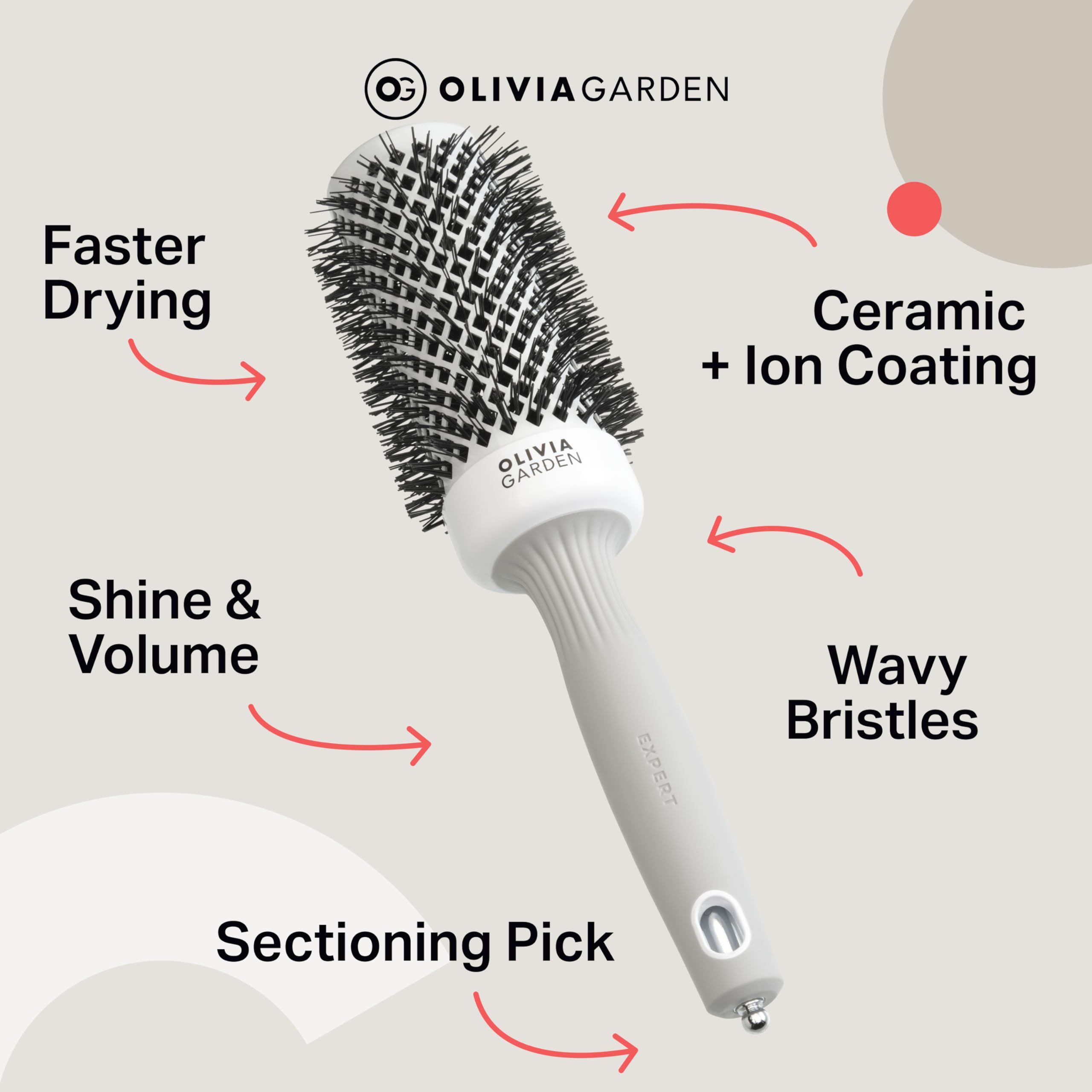 Olivia Garden Expert Blowout Shine - White & Grey - 55 - Ceramic Coated Round Brush for Smooth Blowout, Frizz-Free Hair & Radiant Shine - Very Good