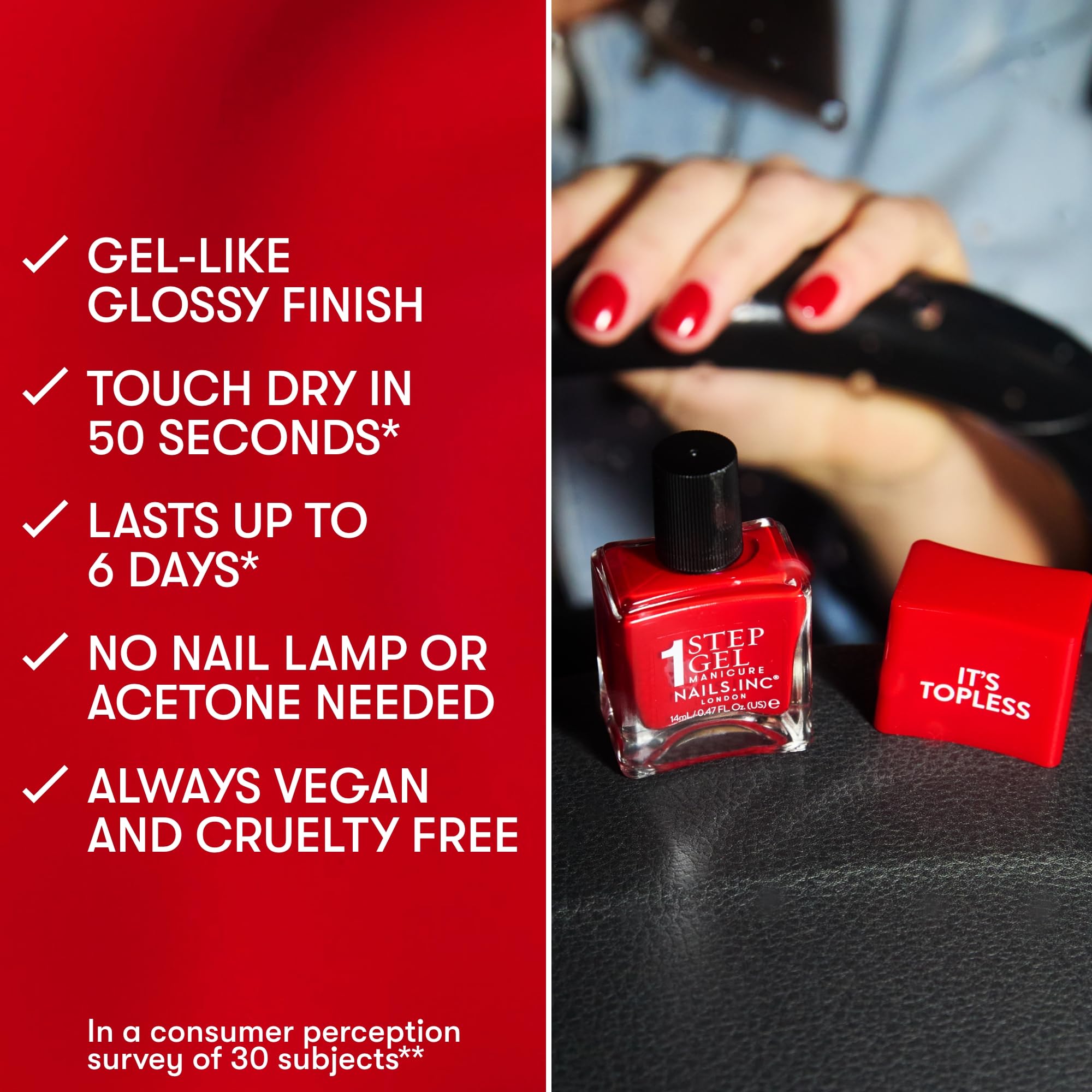 Nails Inc It's Topless Gel-Like Nail Polish, 4-in-1 Base Coat, Treatment, Colour & Top Coat, Long Lasting, Strong, Chip Free Nails, Glossy Salon Quality Manicure, Air Dry Nail Polish, Renee, 14 ML