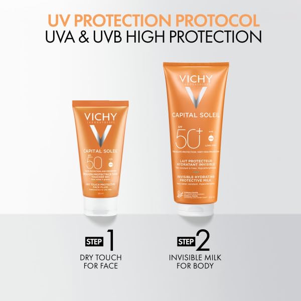 Vichy Captial Soleil Dry Touch Protective Face Fluid SPF 50+, Mattifying Sunscreen with Airlicium for Long-Lasting Shine Control, For All Skin Types, 50ml - Damaged Box