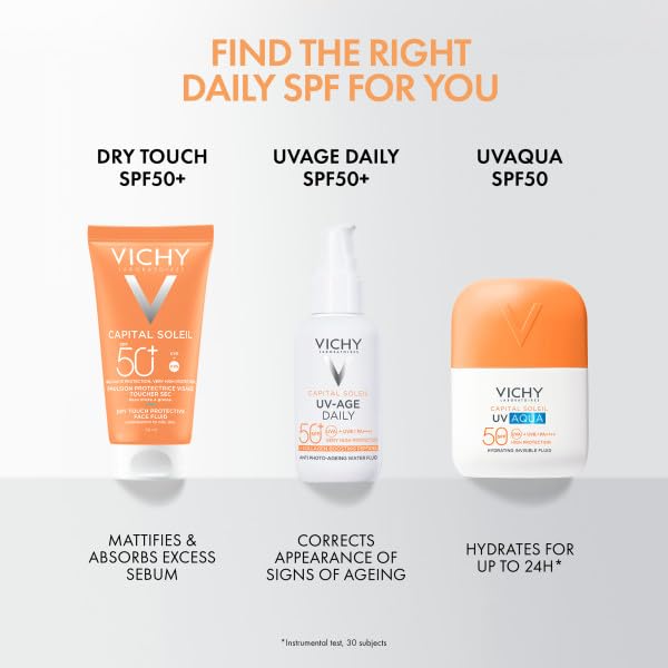 Vichy Captial Soleil Dry Touch Protective Face Fluid SPF 50+, Mattifying Sunscreen with Airlicium for Long-Lasting Shine Control, For All Skin Types, 50ml - Damaged Box
