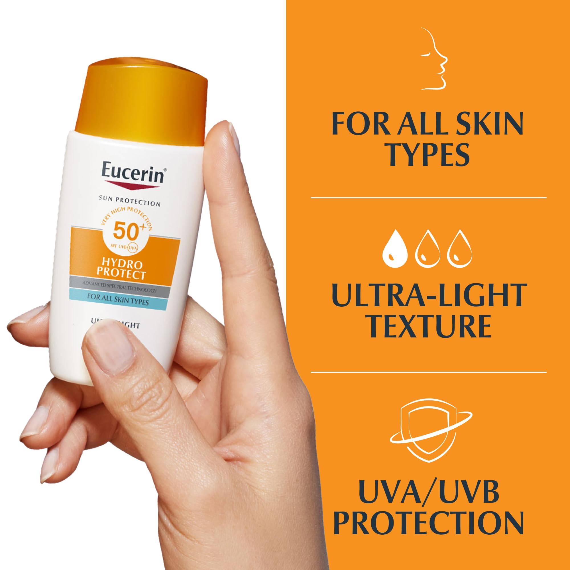 Eucerin Sun Face Hydro Protect Ultra-Light Fluid SPF 50+ 50ml, Facial Sunscreen with Non-Greasy Finish, Fast-Absorbing and Ultra Broad Spectrum Face Sun Cream - Damaged Box