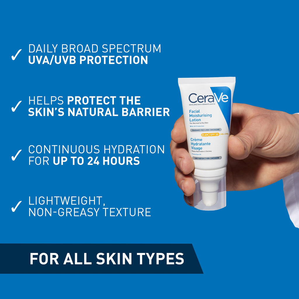 CeraVe AM Facial Moisturising Lotion SPF30 With 3 Essential Ceramides and Hyaluronic Acid, Broad Spectrum UVA/UVB Protection for Normal to Dry Skin, 52ml - Damaged Box