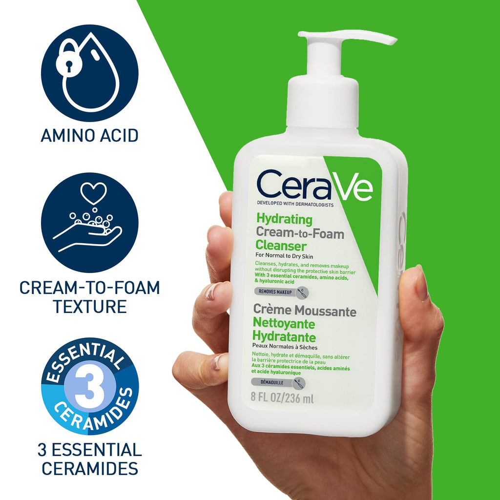 CeraVe Cream-to-Foam Cleanser With Amino Acids, 3 Essential Ceramides, Hyaluronic Acid, MVE Technology, For Normal to Dry Skin, Fragrance Free, Non-Comedogenic, 236ml - Damaged Box