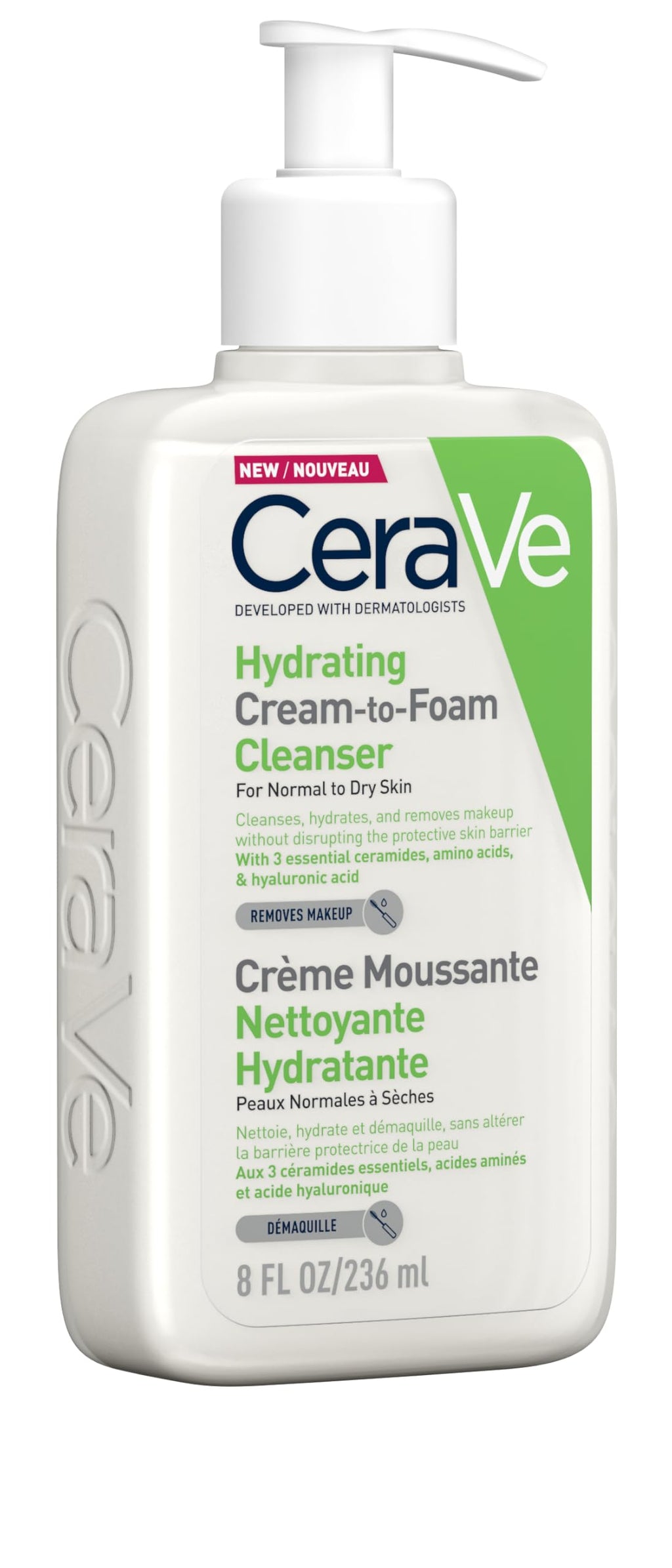 CeraVe Cream-to-Foam Cleanser With Amino Acids, 3 Essential Ceramides, Hyaluronic Acid, MVE Technology, For Normal to Dry Skin, Fragrance Free, Non-Comedogenic, 236ml - Damaged Box