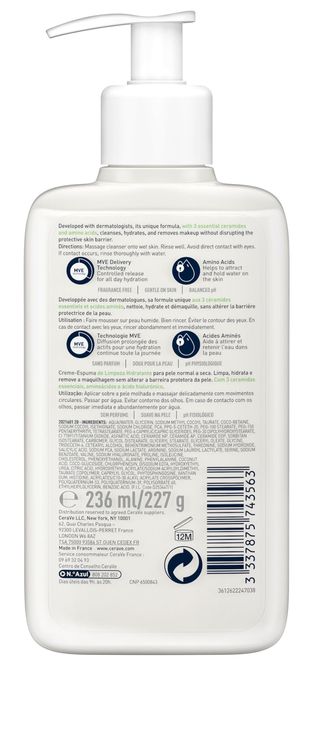 CeraVe Cream-to-Foam Cleanser With Amino Acids, 3 Essential Ceramides, Hyaluronic Acid, MVE Technology, For Normal to Dry Skin, Fragrance Free, Non-Comedogenic, 236ml - Damaged Box