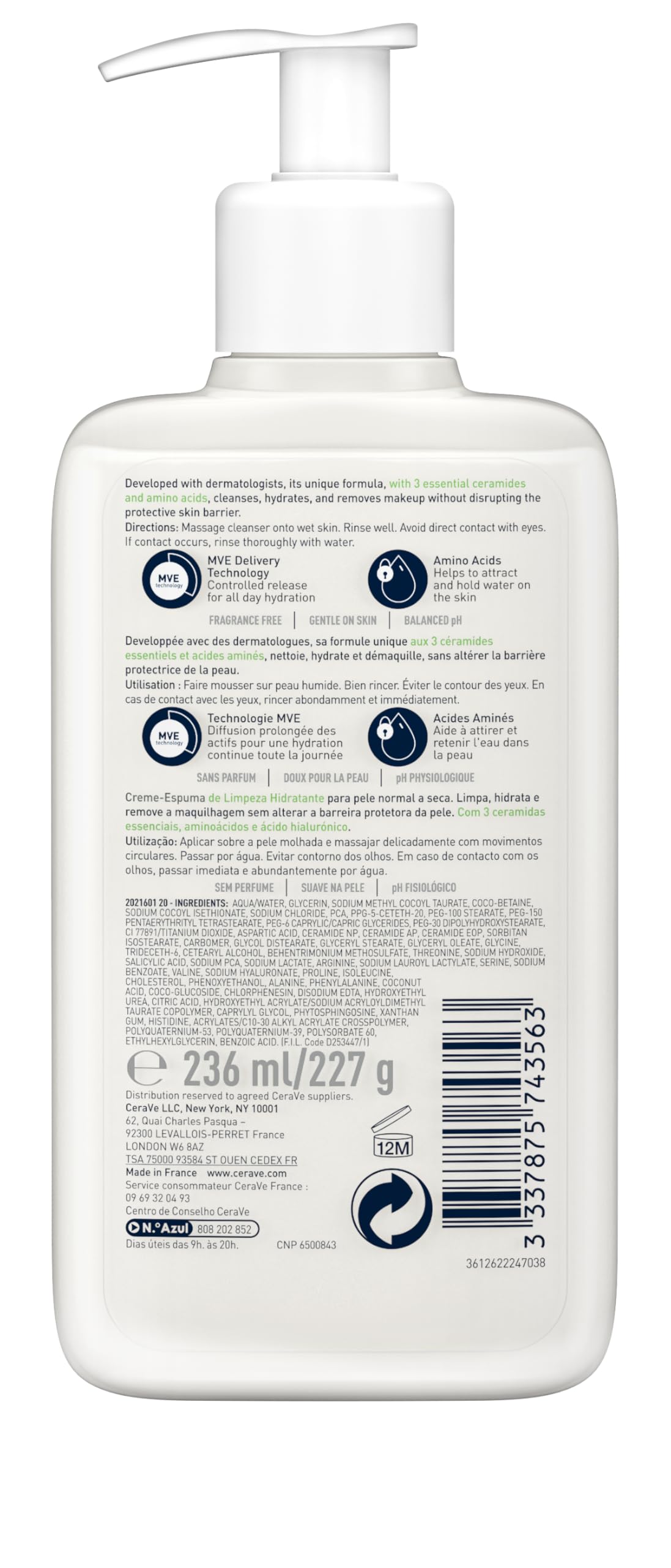 CeraVe Cream-to-Foam Cleanser With Amino Acids, 3 Essential Ceramides, Hyaluronic Acid, MVE Technology, For Normal to Dry Skin, Fragrance Free, Non-Comedogenic, 236ml - Damaged Box