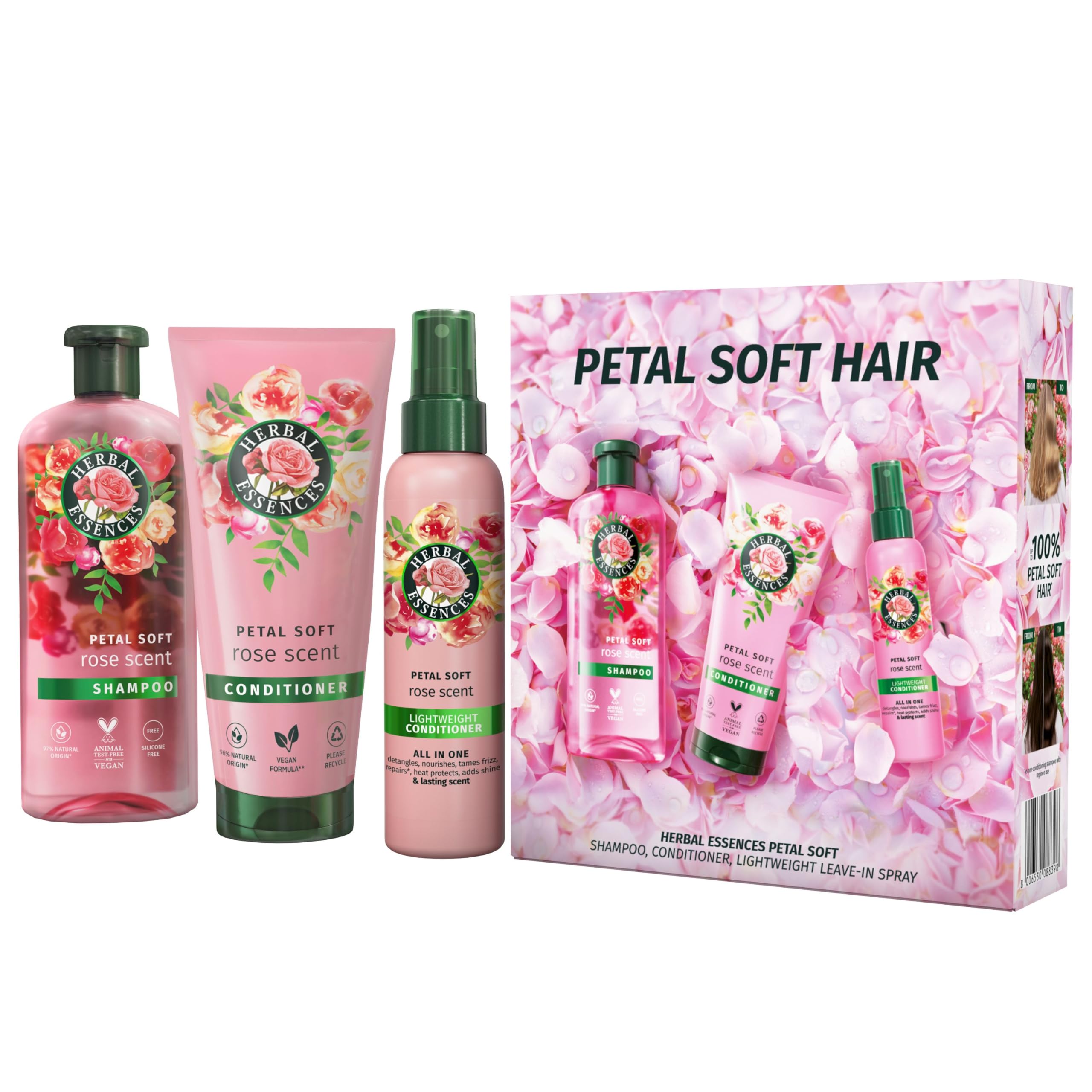 Herbal Essences Rose Scent Petal Soft Giftset: Shampoo 250ml, Conditioner 200ml, Leave-In Spray 145ml - Damaged Box