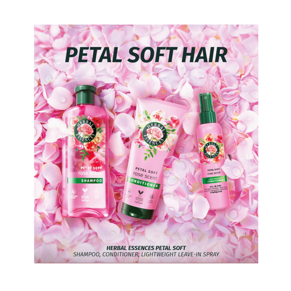 Herbal Essences Rose Scent Petal Soft Giftset: Shampoo 250ml, Conditioner 200ml, Leave-In Spray 145ml - Damaged Box