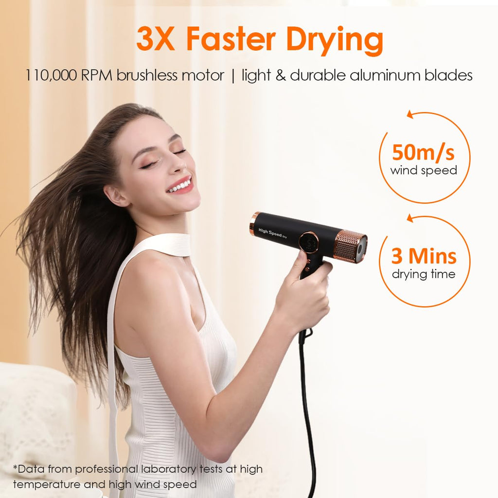 Faszin Hair Dryer, Lightweight Hairdryer with 110,000 RPM High Speed Motor for Fast Drying, 200 Million Ionic Hairdryers for Women & Men, Low Noise Hair Dryers, with 3 Magnetic Nozzle