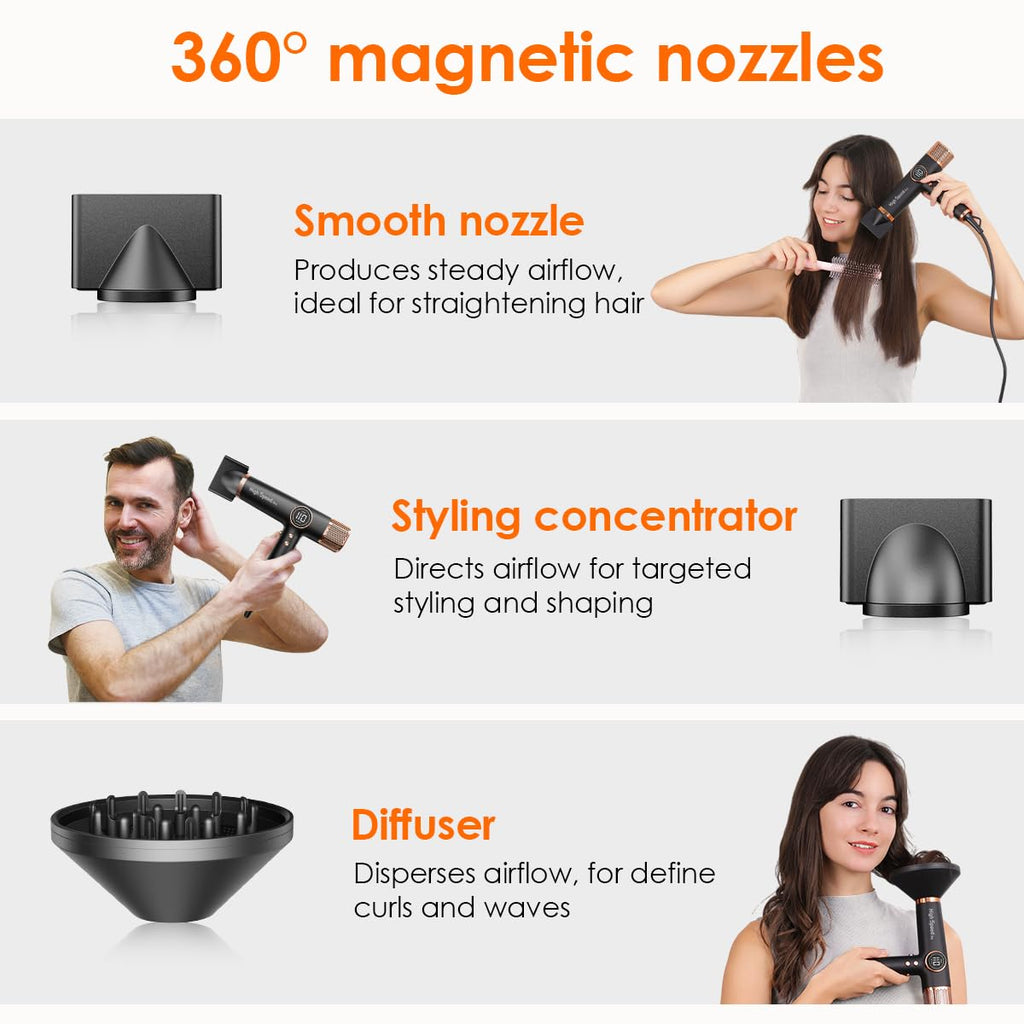 Faszin Hair Dryer, Lightweight Hairdryer with 110,000 RPM High Speed Motor for Fast Drying, 200 Million Ionic Hairdryers for Women & Men, Low Noise Hair Dryers, with 3 Magnetic Nozzle