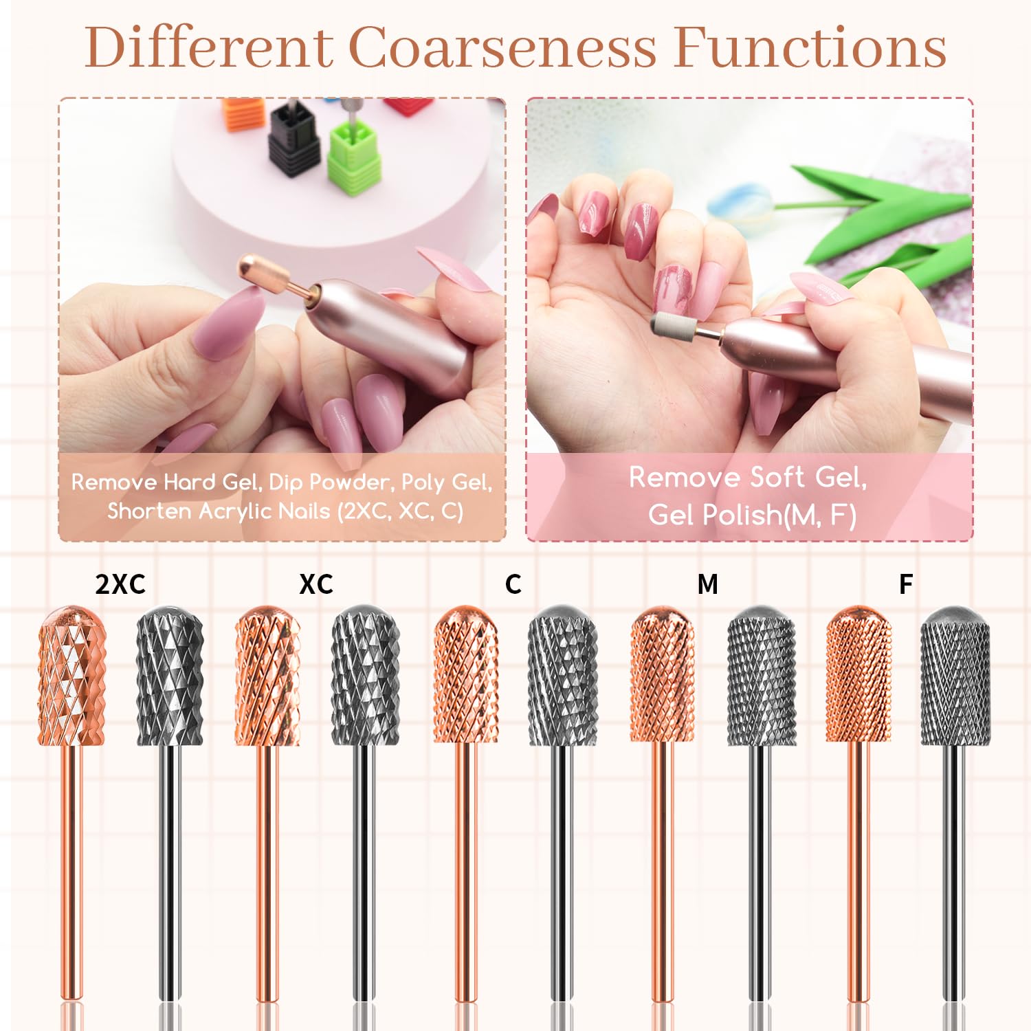 Nail Drill Bits, 2PCS Safety Bits for Nail Drill, Tungsten Carbide Bits, 3/32" Electric Drill Bits Set for Acrylic, Gel Nails, Large Barrel Fine Nail Bits for Salon Experienced