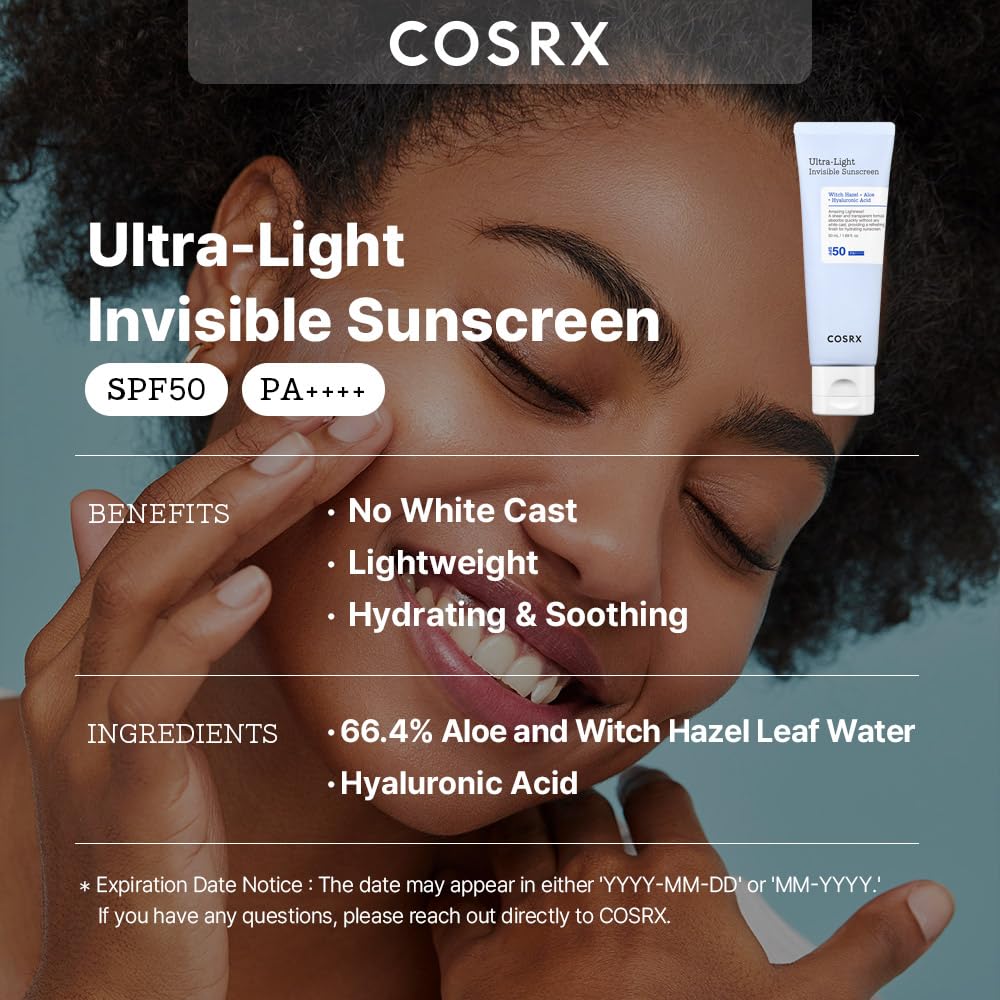 COSRX Ultra-Light Invisible Sunscreen SPF 50 Face Moisturiser, PA++++ Korean Sunscreen, Non Oily Sun Cream, UVA/UVB Protection, Daily Hydrating Sun Lotion, No White Cast 50ml - Damaged Box - BBE 02/2029