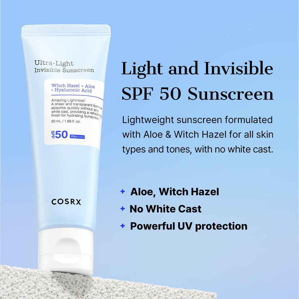 COSRX Ultra-Light Invisible Sunscreen SPF 50 Face Moisturiser, PA++++ Korean Sunscreen, Non Oily Sun Cream, UVA/UVB Protection, Daily Hydrating Sun Lotion, No White Cast 50ml - Damaged Box - BBE 02/2029