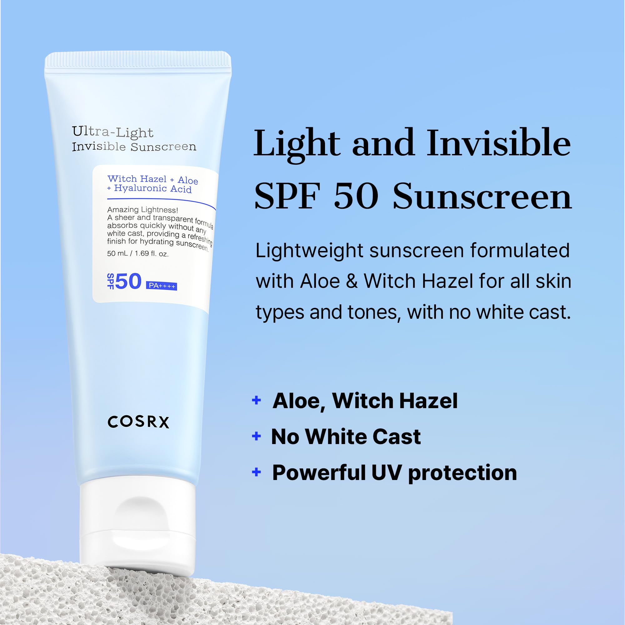 COSRX Ultra-Light Invisible Sunscreen SPF 50 Face Moisturiser, PA++++ Korean Sunscreen, Non Oily Sun Cream, UVA/UVB Protection, Daily Hydrating Sun Lotion, No White Cast 50ml - Damaged Box - BBE 02/2029