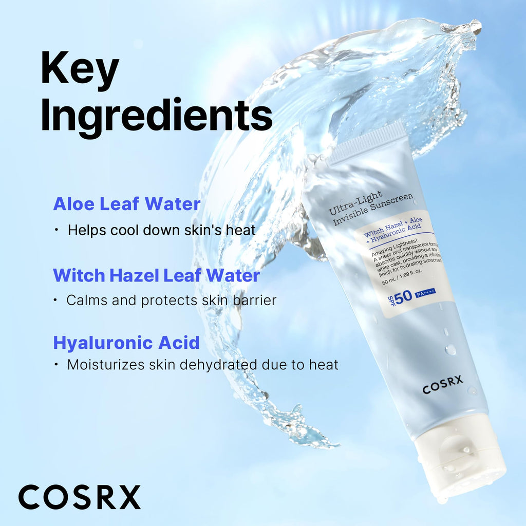 COSRX Ultra-Light Invisible Sunscreen SPF 50 Face Moisturiser, PA++++ Korean Sunscreen, Non Oily Sun Cream, UVA/UVB Protection, Daily Hydrating Sun Lotion, No White Cast 50ml - Damaged Box - BBE 02/2029
